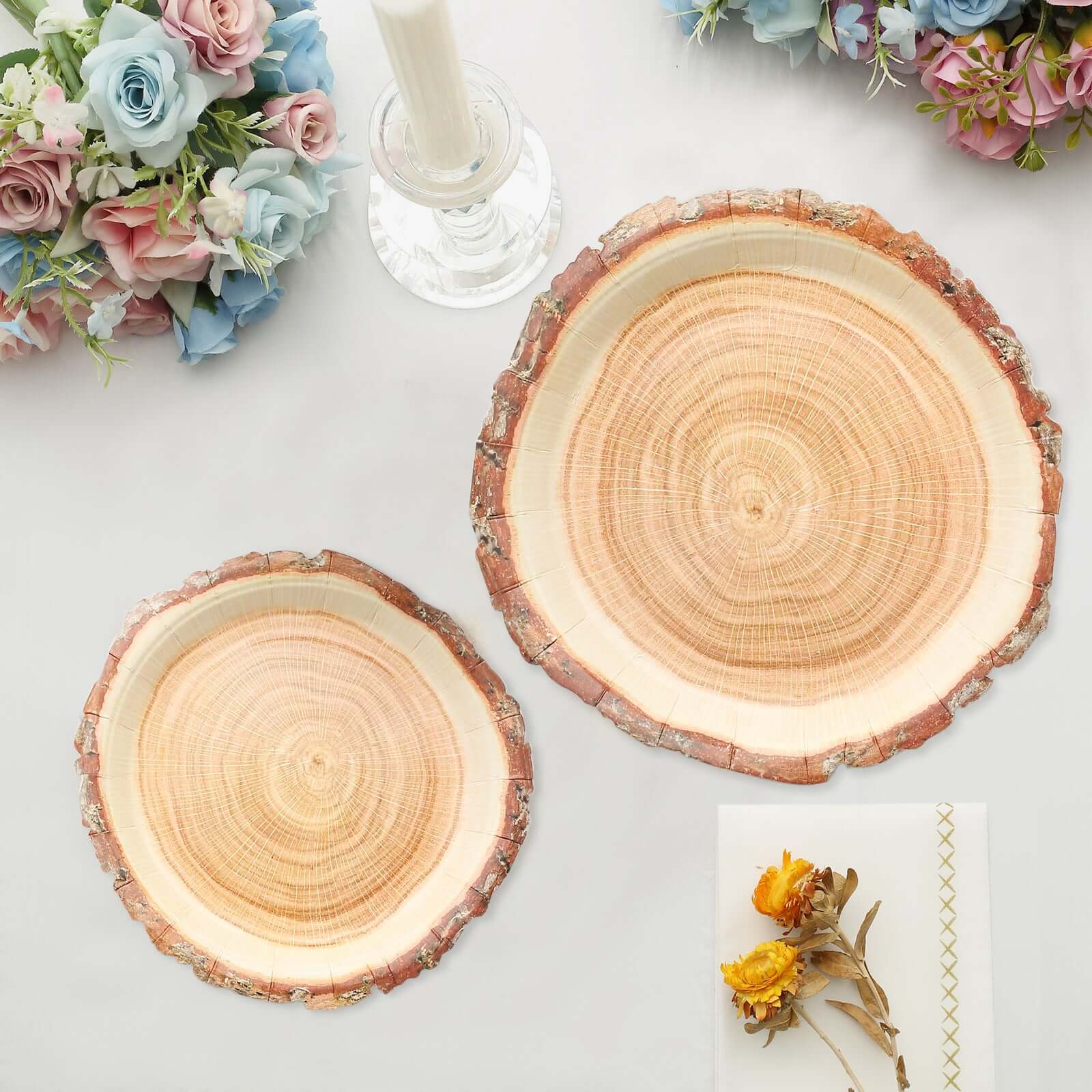 25-Pack Paper 7 Round Dessert Plates in Natural Wood Slice Print - Disposable Appetizer Salad Plates for Rustic Farmhouse Style Events