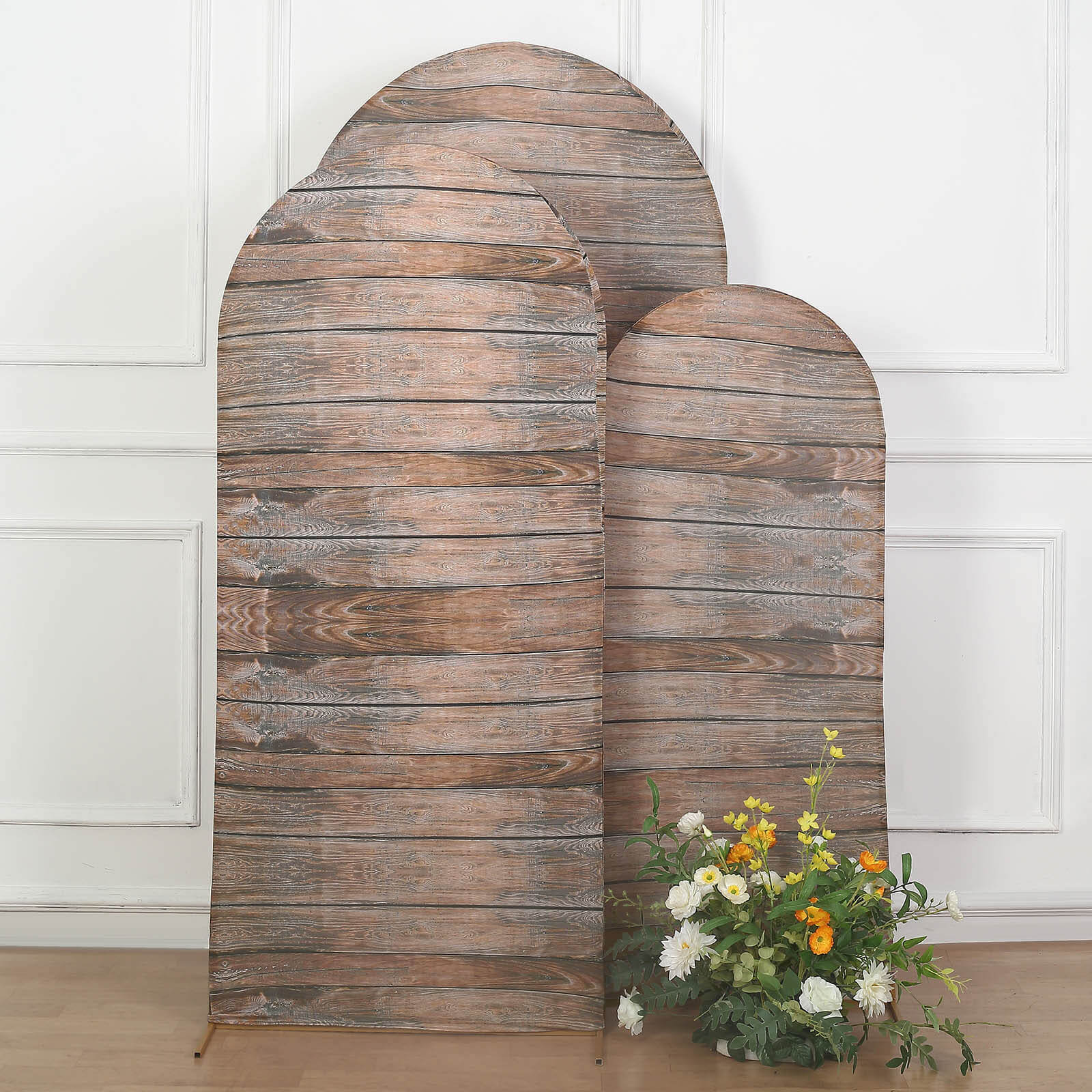 Set of 3 Brown Rustic Wood Plank Pattern Spandex Fitted Chiara Backdrop Stand Cover For Round Top Wedding Arch - 5ft, 6ft, 7ft