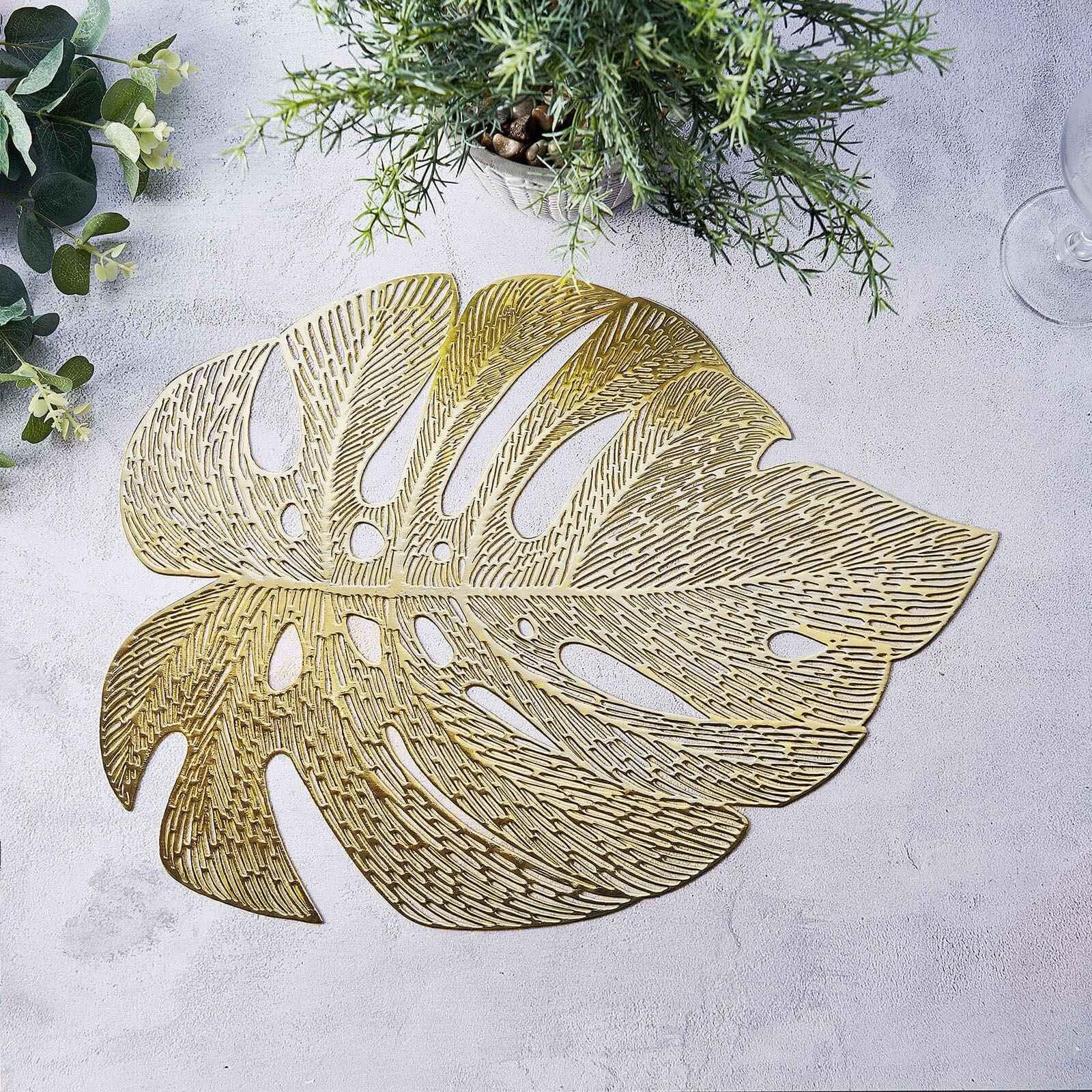 6-Pack Dining Table Mats Monstera Leaf Design Gold - Vinyl Non-Slip Surface for Tropical Themes 18