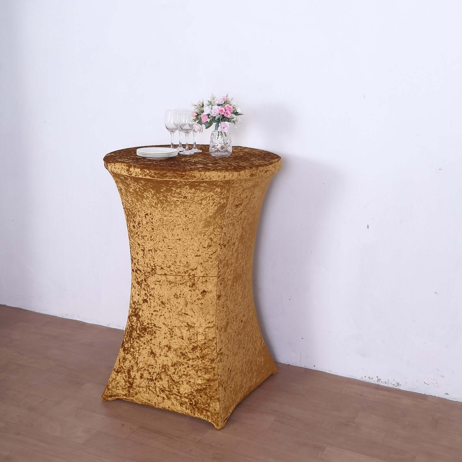 Crushed Velvet Spandex 32 Round Cocktail Table Cover Gold Smooth Highboy Tablecloth