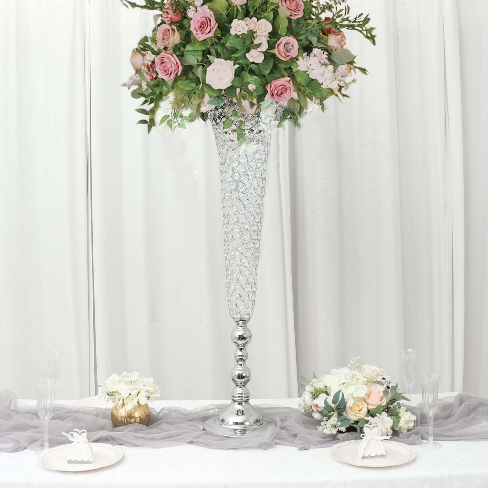 2-Pack Crystal Beaded Trumpet Vase Set Silver - Table Centerpiece for Grand Occasions 40