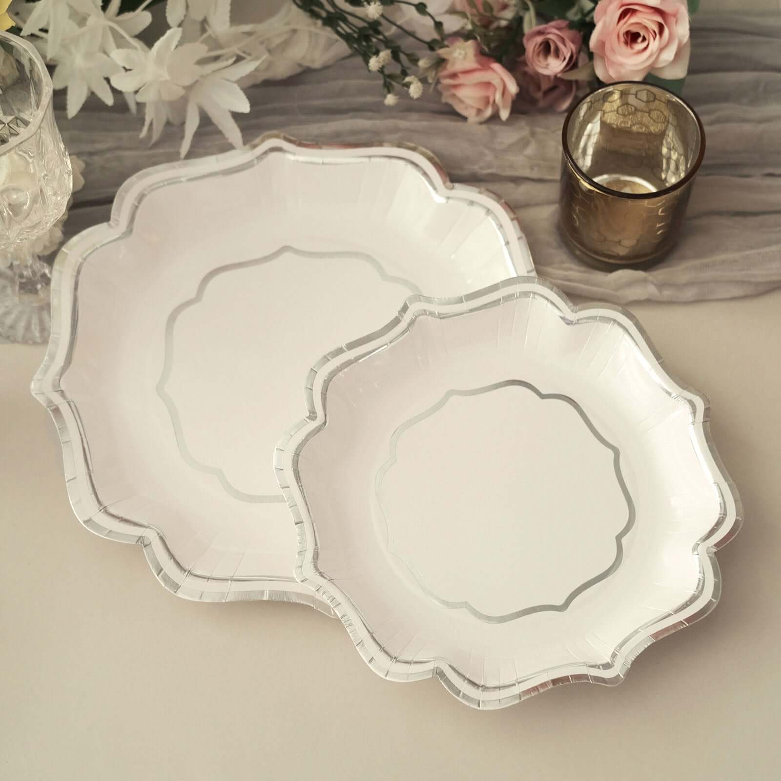 25-Pack Paper Dinner Plates in White with Silver Scallop Rim - Disposable 300GSM Party Plates 10