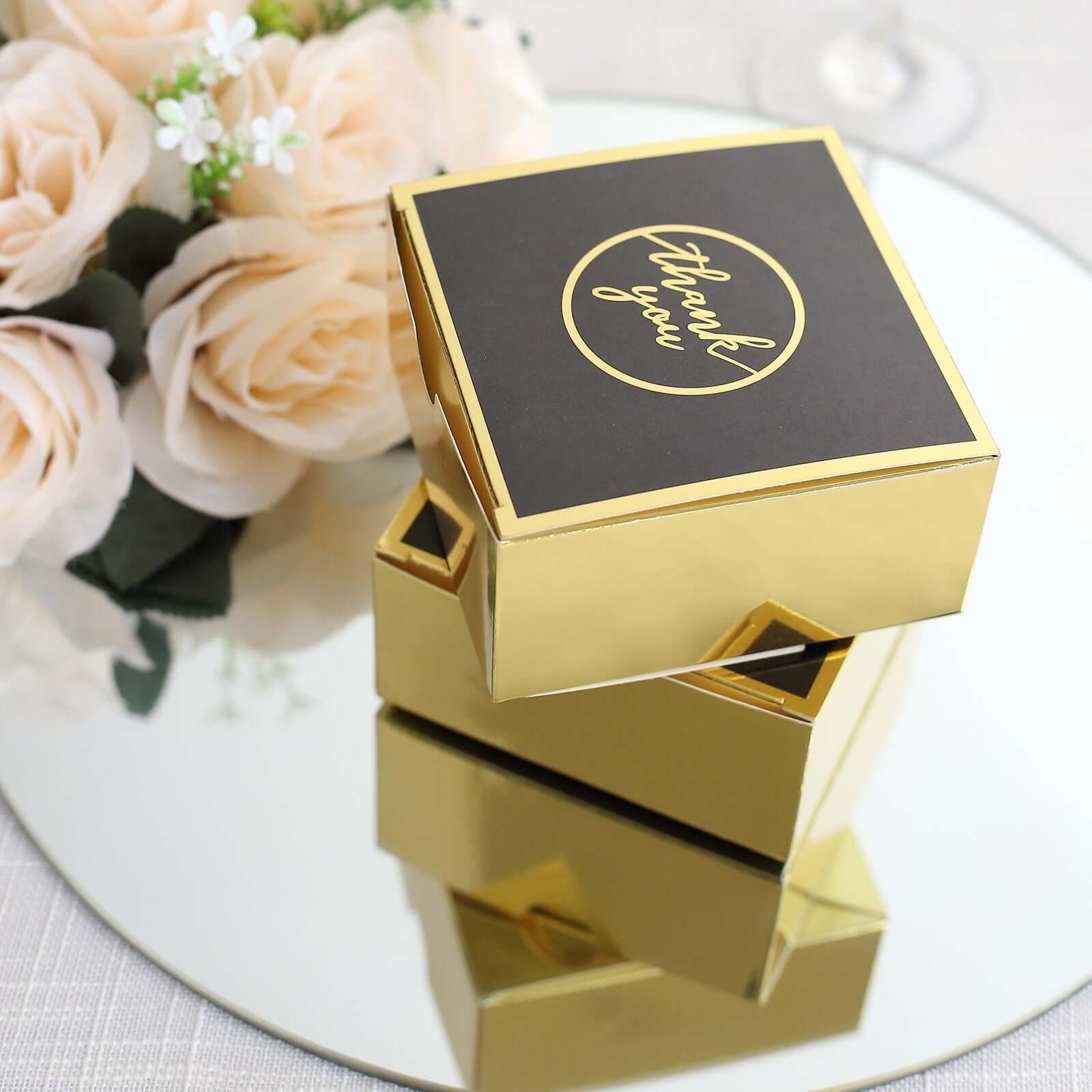 25 Pack Black Gold Thank You Print Paper Favor Boxes, Cardstock Party Shower Candy Gift Boxes - 4x4x2