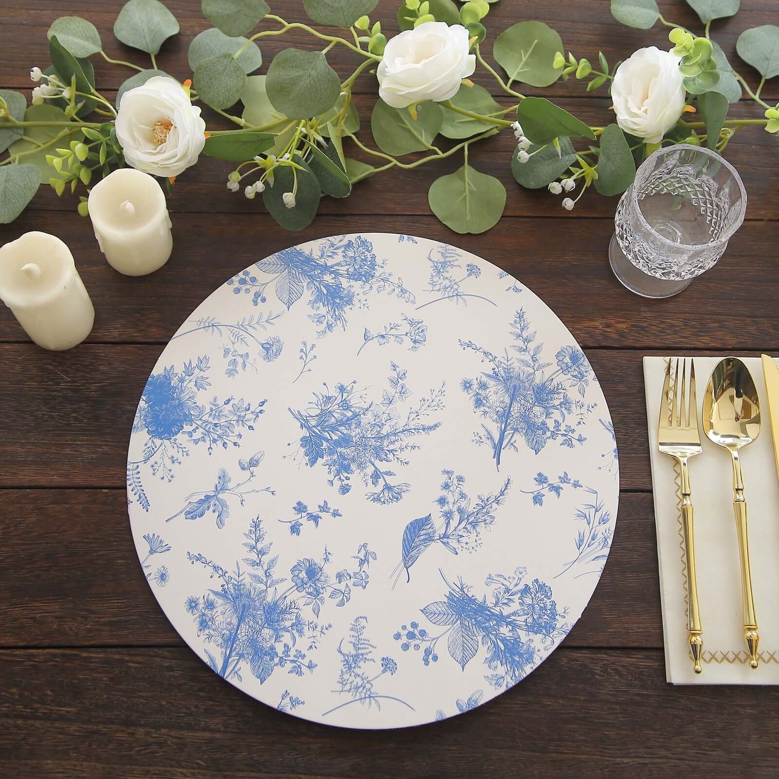 6-Pack Disposable Charger Plates in French Toile Print 13 in White/Blue - 700GSM Floral Paper Chargers for Stylish & Easy Cleanup
