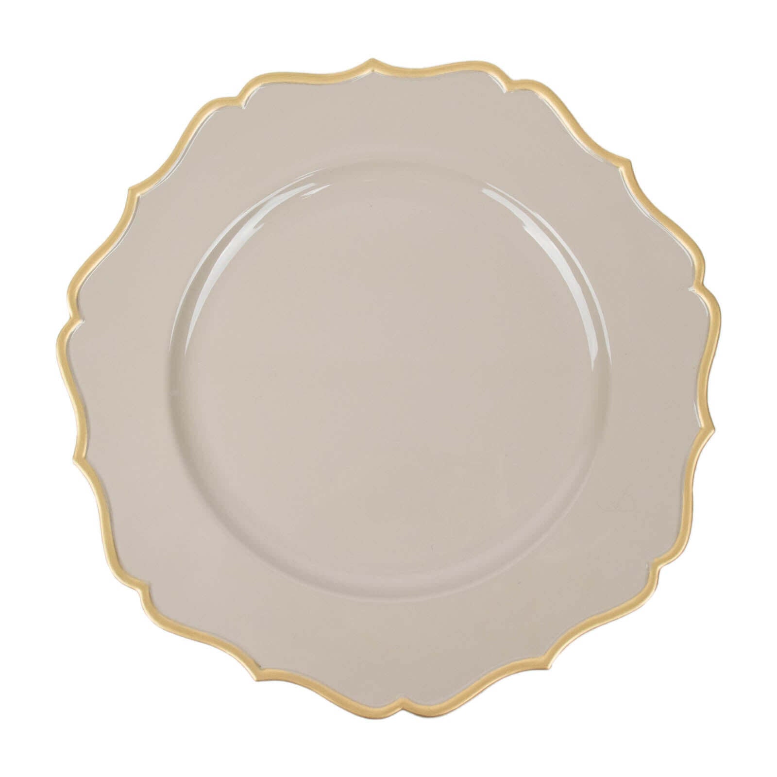 6-Pack Acrylic Round Charger Plates 13 in Taupe with Gold Scalloped Rim, Decorative Dinner Party Plastic Charger Tableware