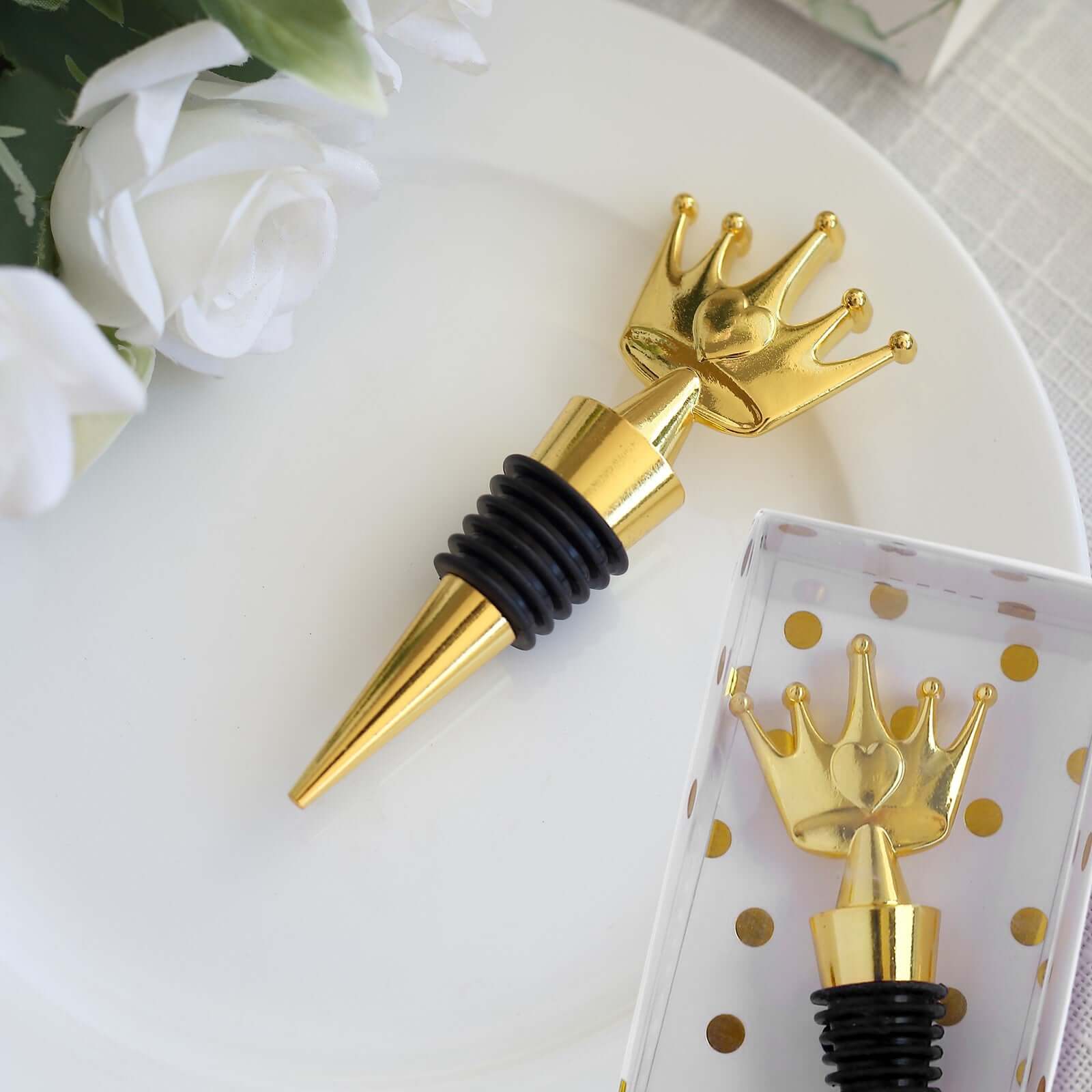 4 Gold Metal Princess Crown Wine Bottle Stopper Party Favor with Clear Gift Box, Thank You Tag and Ribbon