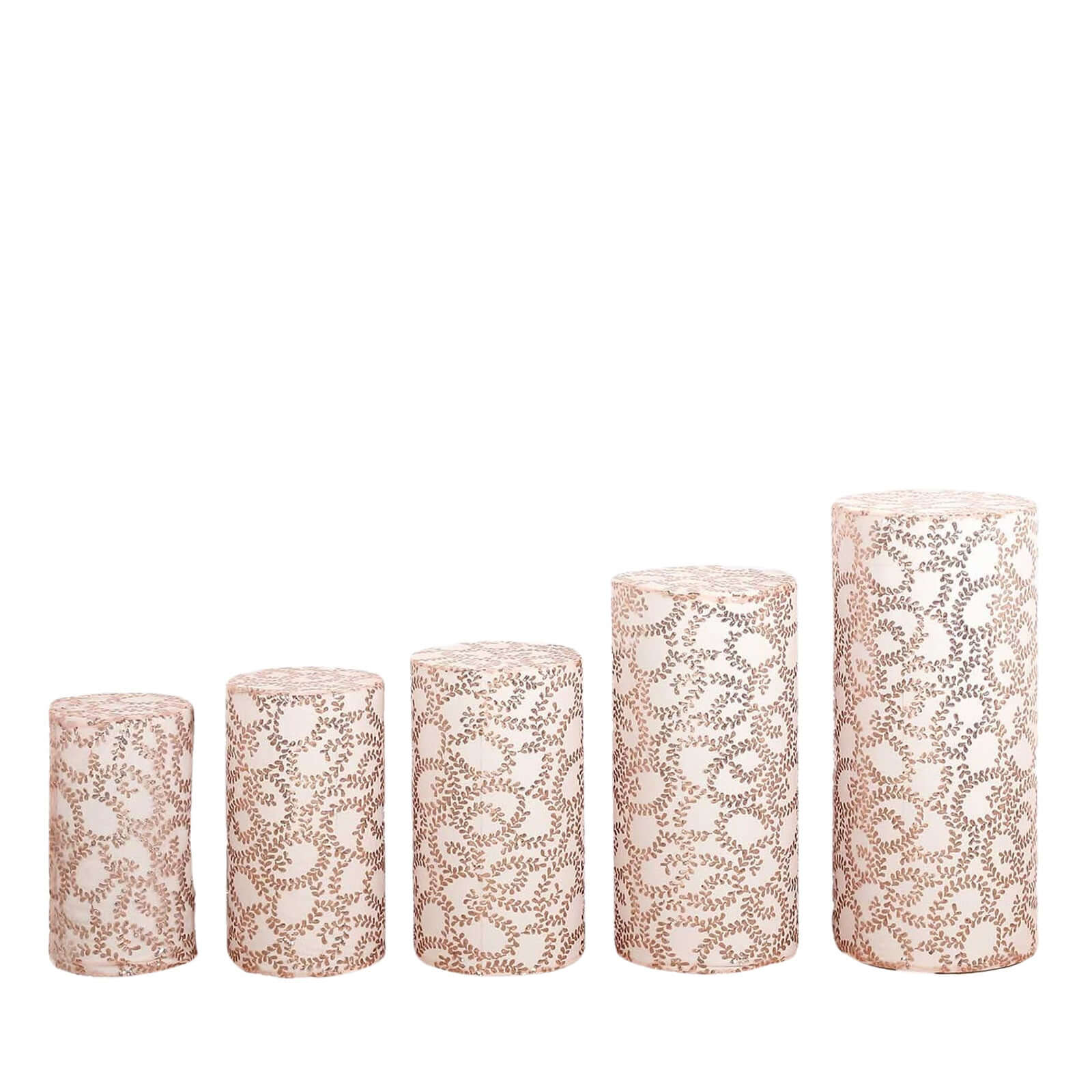 Set of 5 Rose Gold Sequin Mesh Cylinder Pedestal Stand Covers with Leaf Vine Embroidery, Sparkly Sheer Tulle Pillar Prop Covers