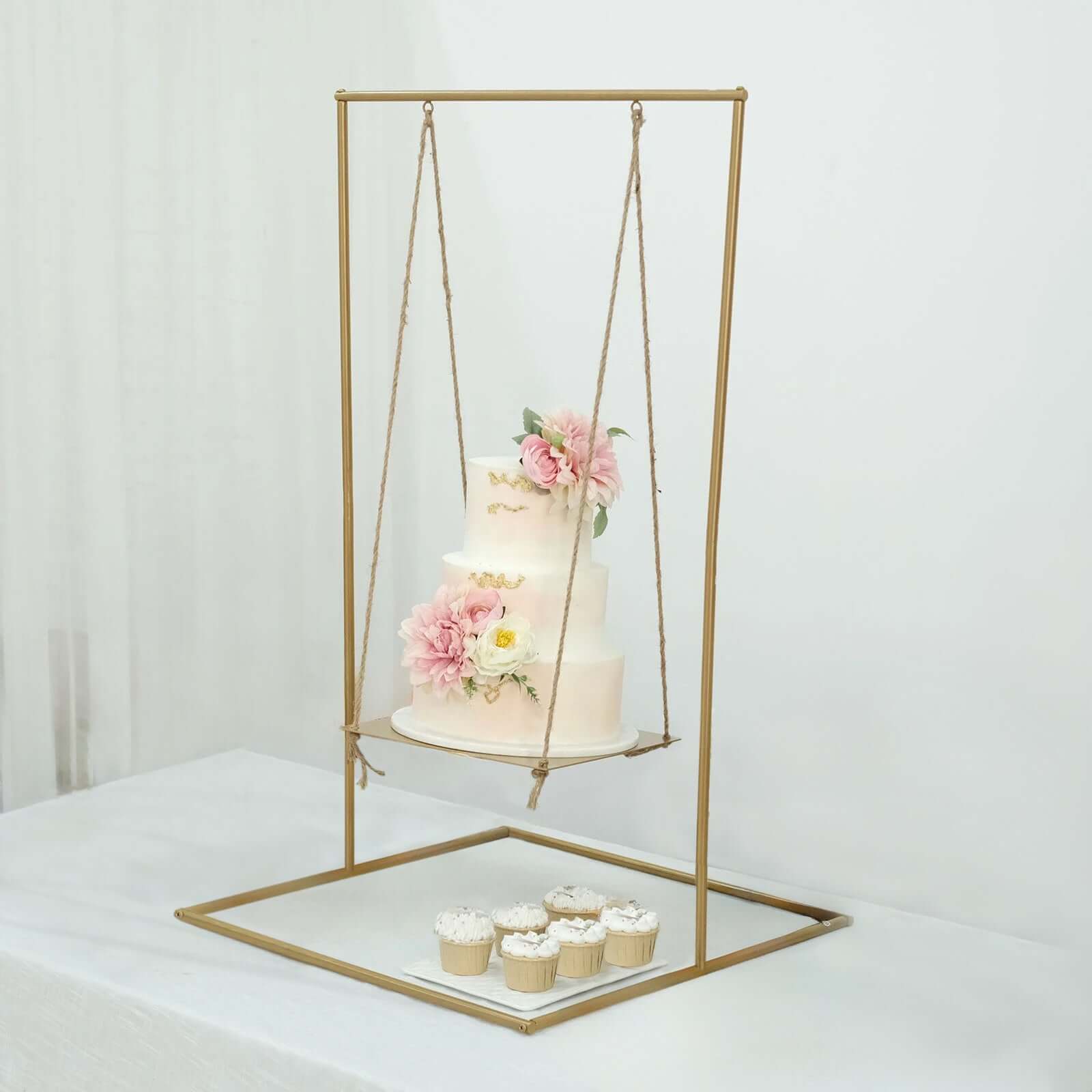 Metal Cake Swing Stand with Jute Rope Gold - Chic Hanging Dessert Display Centerpiece for Upscale Event Table Decor 3ft Tall