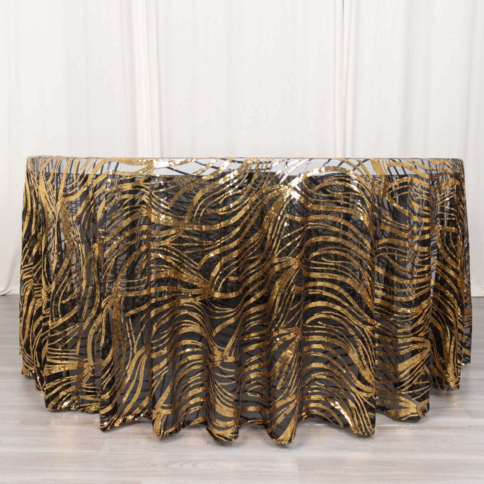 Sequin Mesh 120 Round Tablecloth Black/Gold - Seamless Wave Embroidered Table Cover