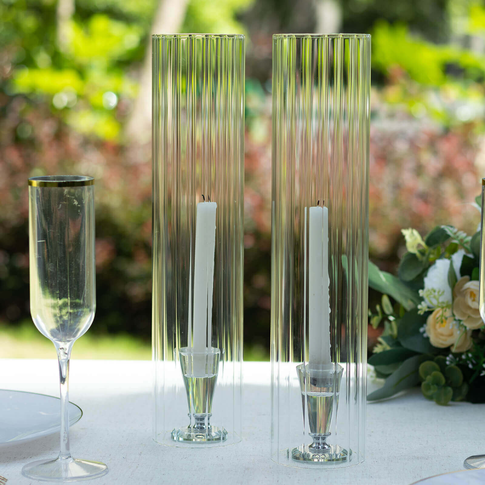 2-Pack Clear Ribbed Glass Hurricane Shades Open End Design - Stylish Candelabra Pillar Candle Holder Table Centerpiece 14