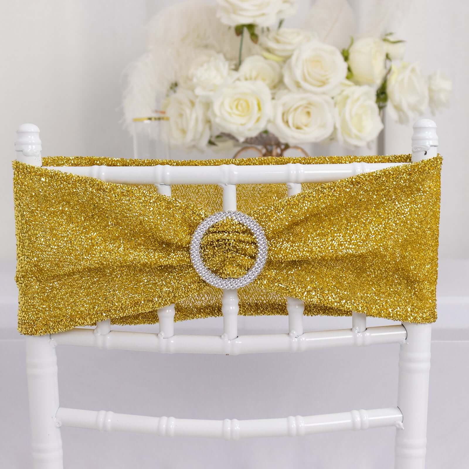 5 Pack Chair Sashes Shimmer Tinsel Spandex 5x12 with Silver Rhinestone Buckles Gold - Stylish Decor for Weddings