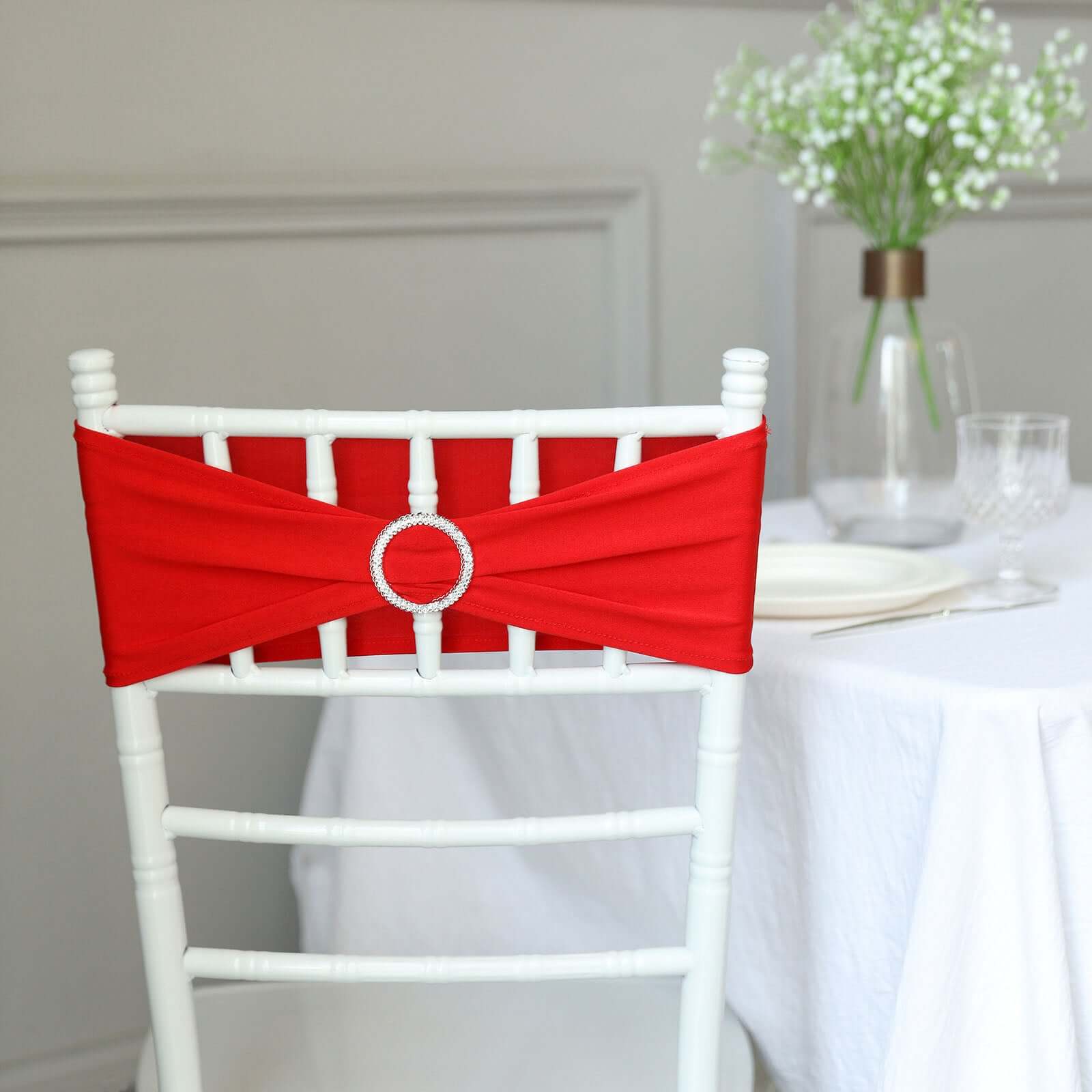 5 Pack Stretch Spandex Chair Sashes Red - Reusable Chair Bands with Silver Diamond Ring Slide Buckle 5x14