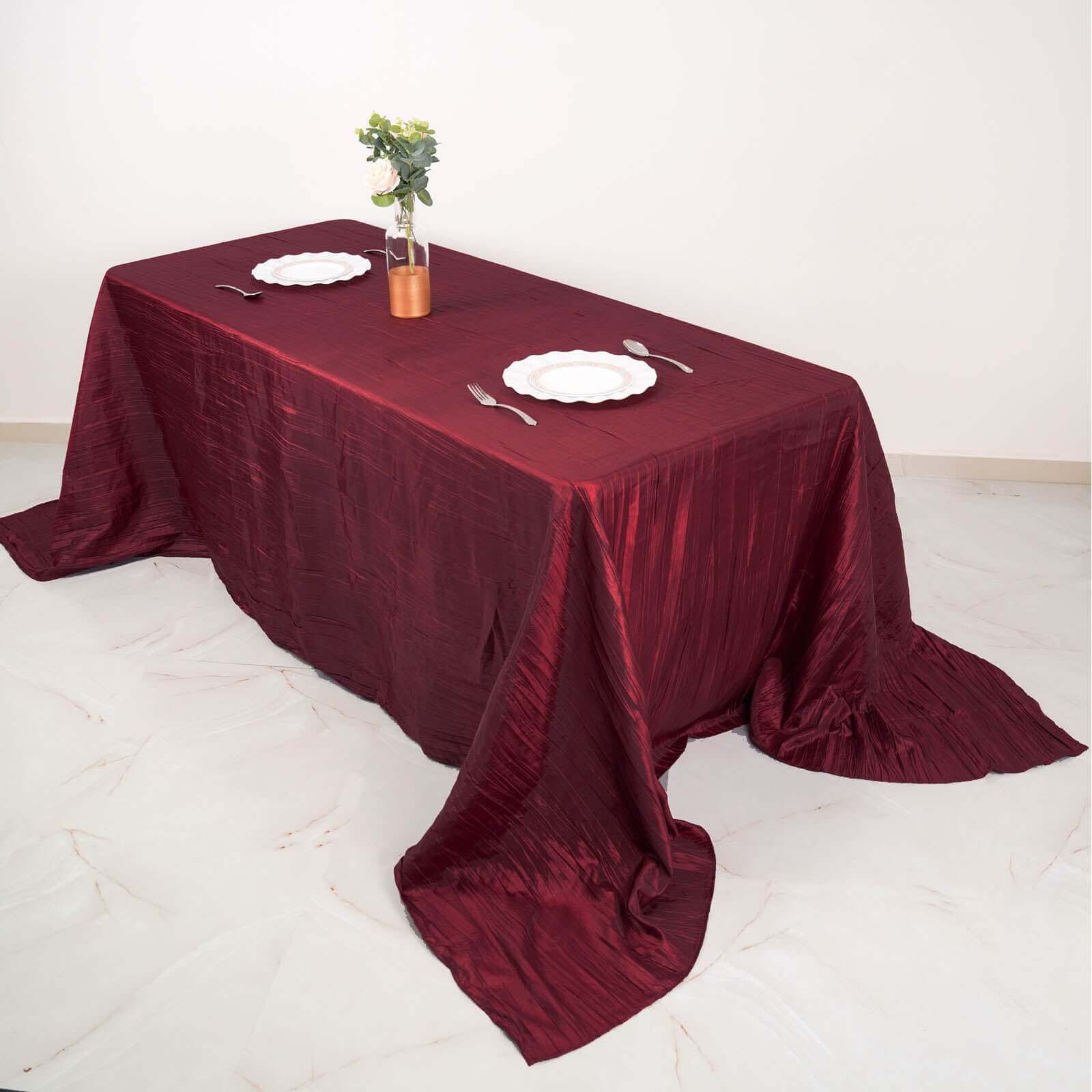 Taffeta 90x132 Rectangle Tablecloth Burgundy - Seamless Accordion Crinkle Table Cover