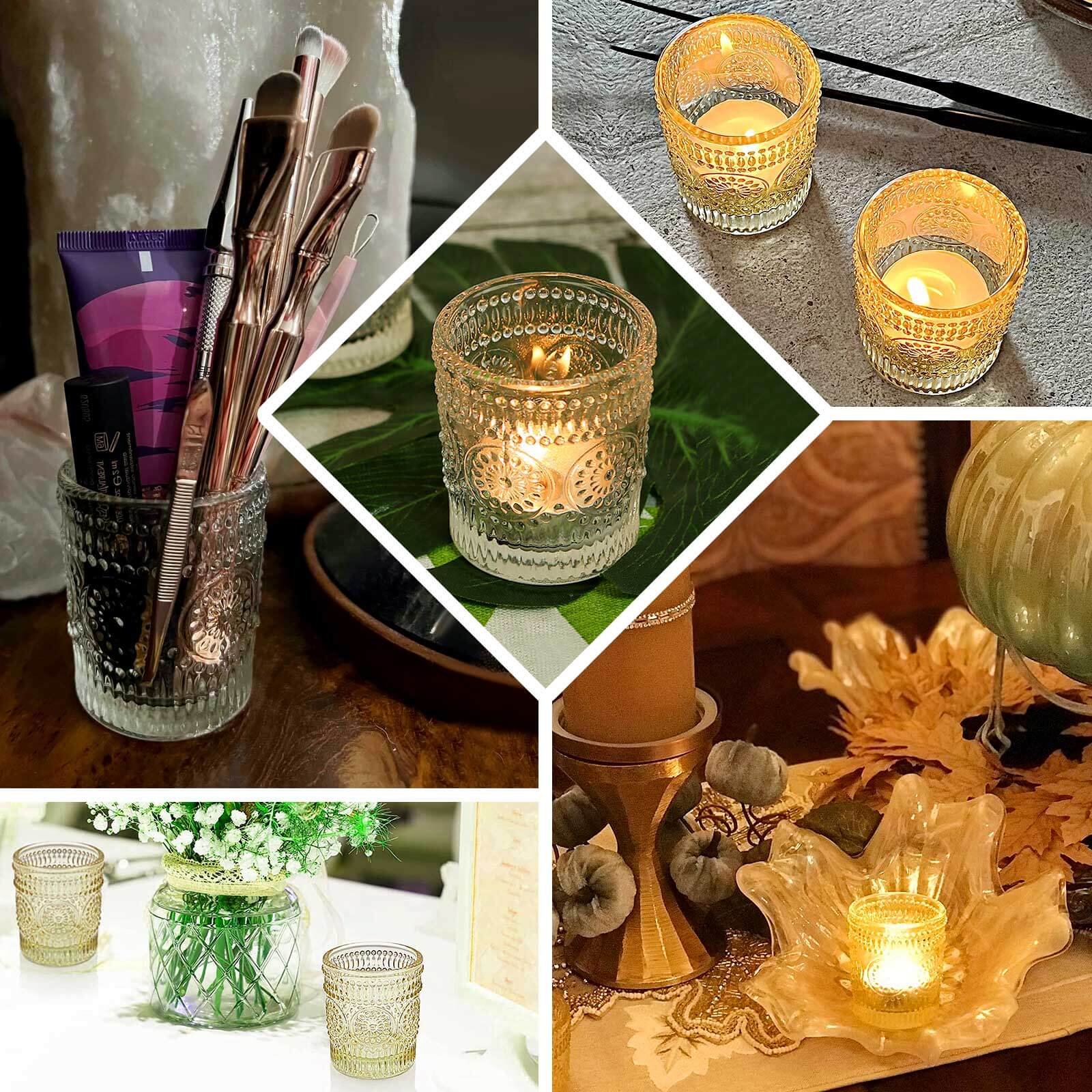 6-Pack Glass Candle Holders Amber Gold Primrose Design - Votive Tealight Holders for Weddings