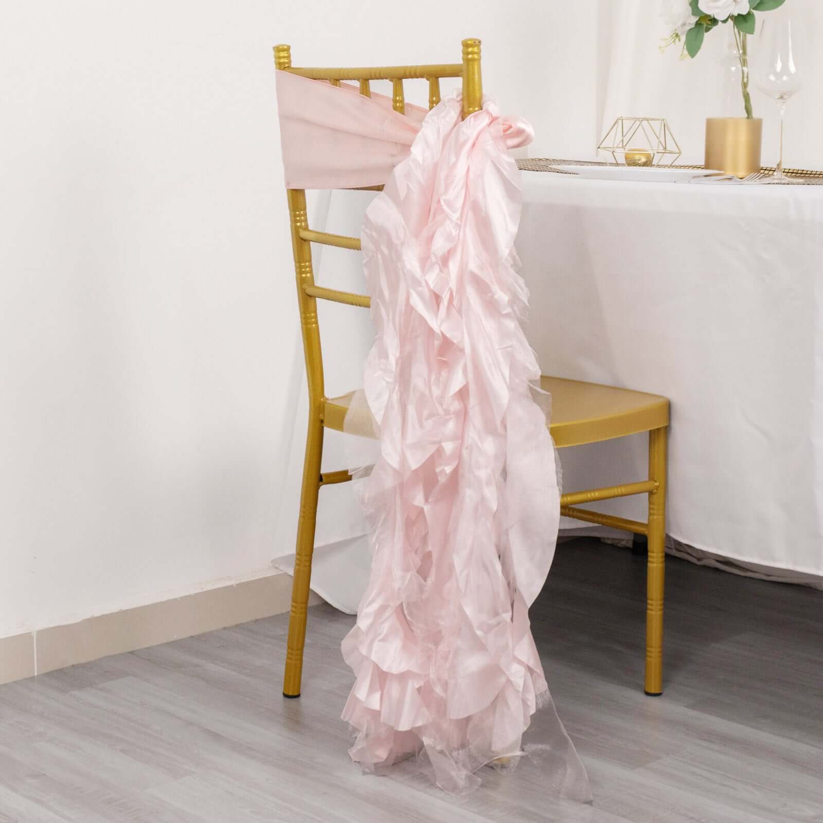 5 Pack Chiffon Satin Chair Sashes Blush - Easy to Install Ruffled Curly Willow