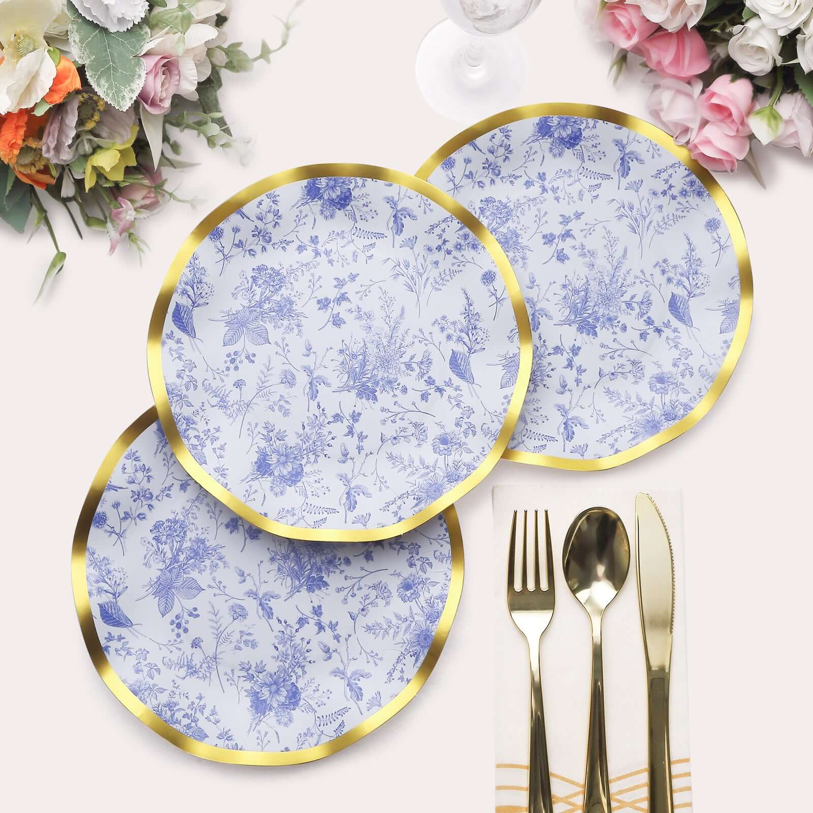 25-Pack Paper Round Dessert Plates 8 in White with Blue French Toile Pattern & Gold Wavy Rim - Disposable 350GSM Salad Plates