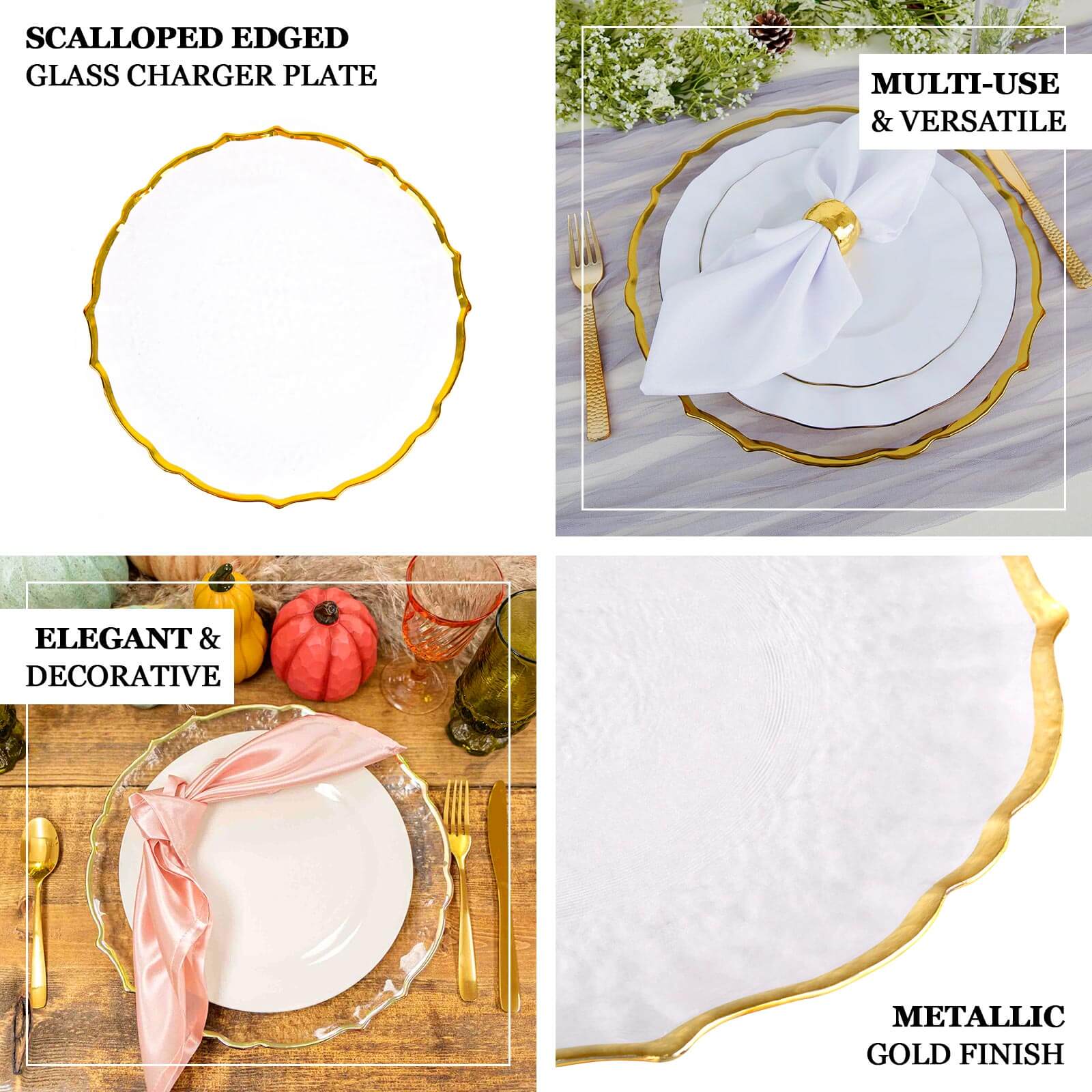 8-Pack Glass Round Charger Plates 13 in Clear with Gold Sunflower Scalloped Rim, Decorative Dinner Chargers