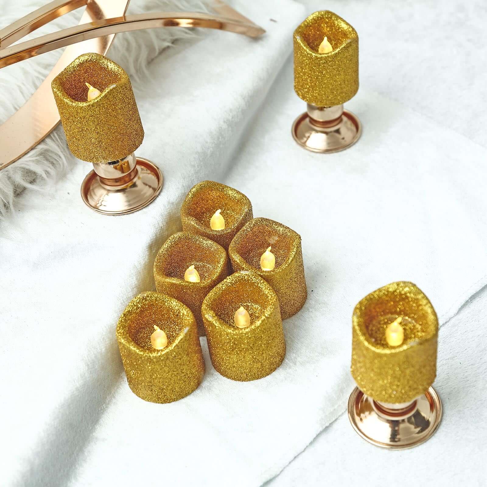 12-Pack LED Votive Candles Glittered Gold Design - Reusable Flameless Battery Operated Lights