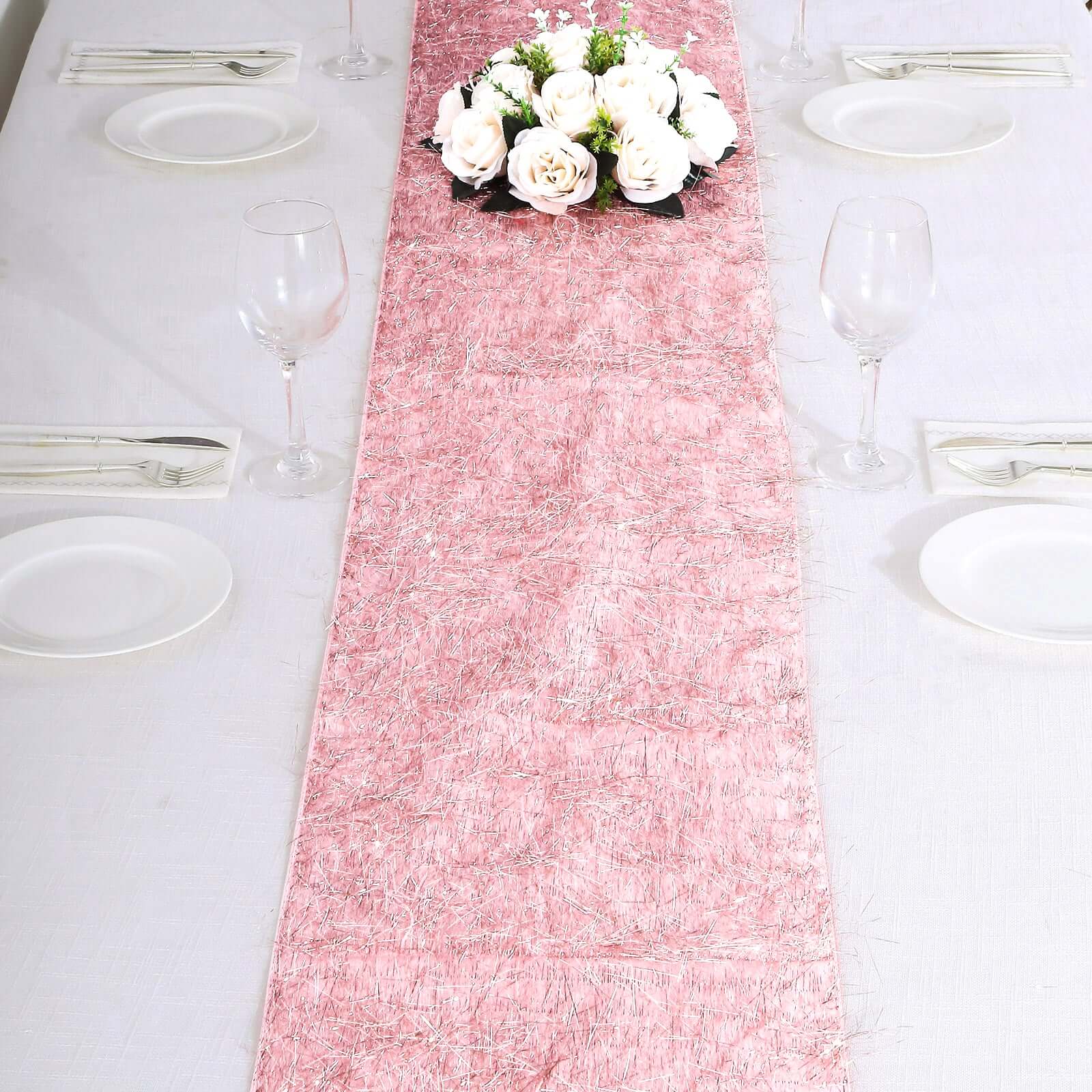 Metallic Tinsel Polyester 12x108 Table Runner Rose Gold - Shimmery Fringe Shag Table Decor