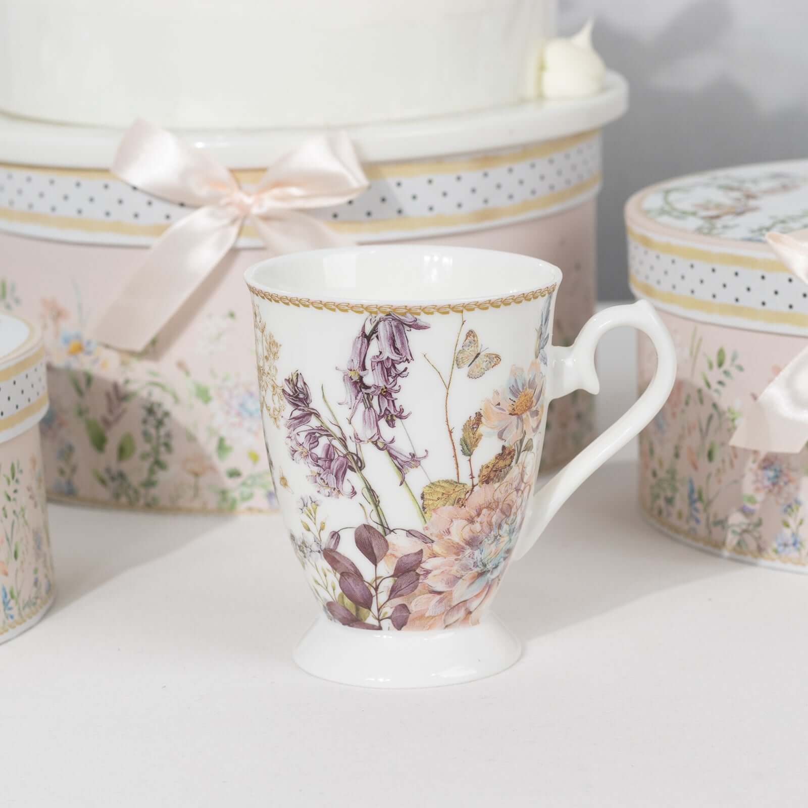 Blush Floral Design Bridal Shower Gift Set, 2 Pack Porcelain Tea Cups With Matching Keepsake Gift Box and Satin Ribbon Handle