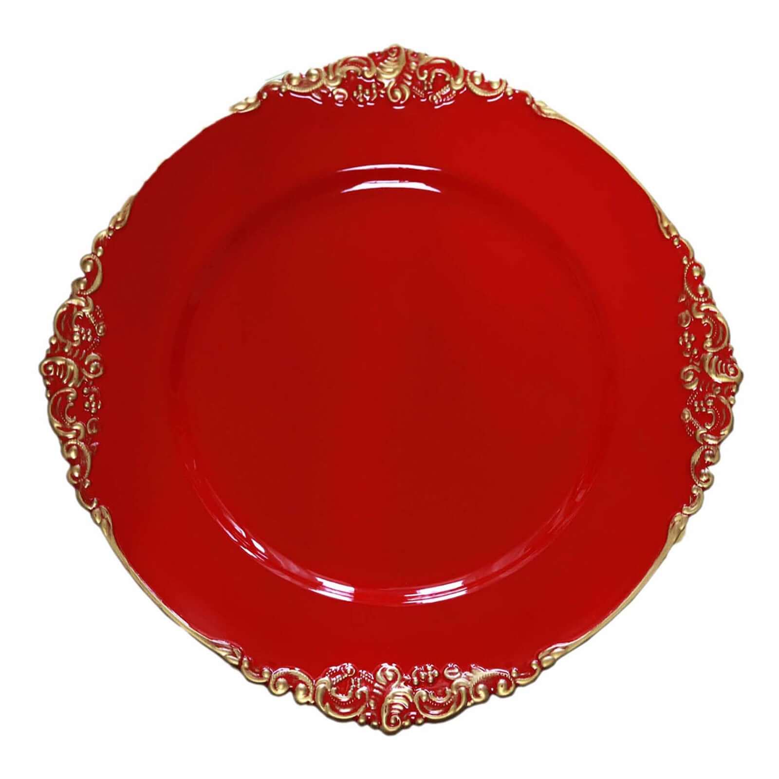 6-Pack Acrylic Round Charger Plates 13 in Red with Gold Embossed Baroque Rim, Antique Decorative Dinner Party Charger Tableware