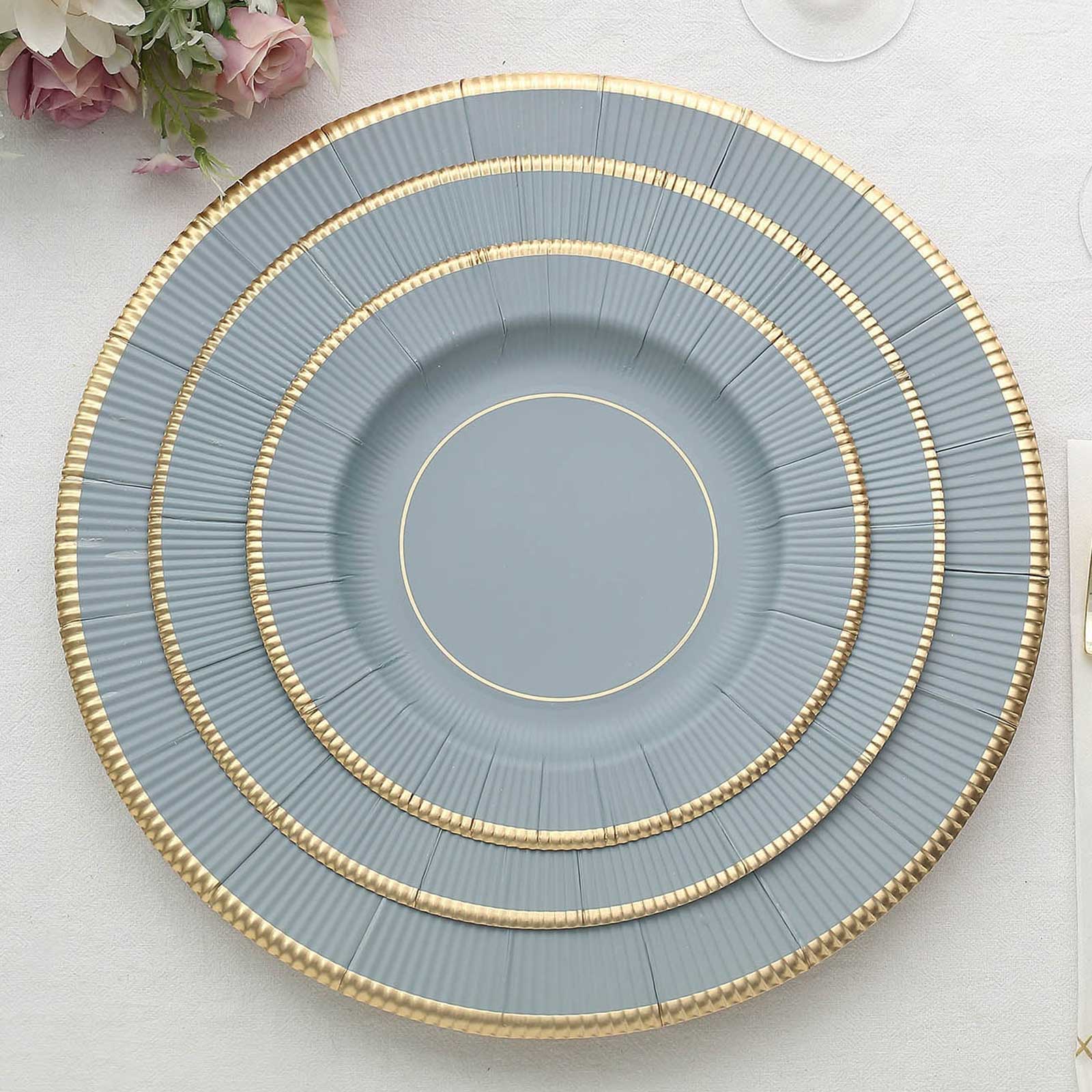 25-Pack Paper 8 Round Dessert Plates in Dusty Blue Sunray Design with Gold Rim - Disposable Heavy Duty 350GSM Appetizer Salad Plates