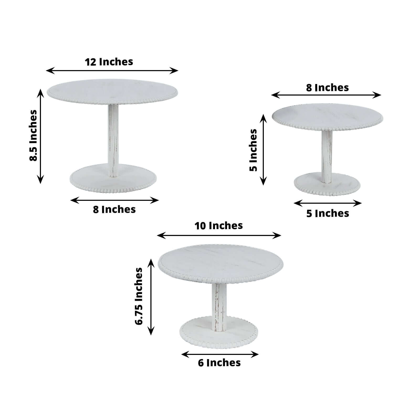 Set of 3 Wooden Pedestal Cake Stands Whitewash with Round Beaded Rim Trays - Stackable Rustic Cupcake Display 8, 10, 12