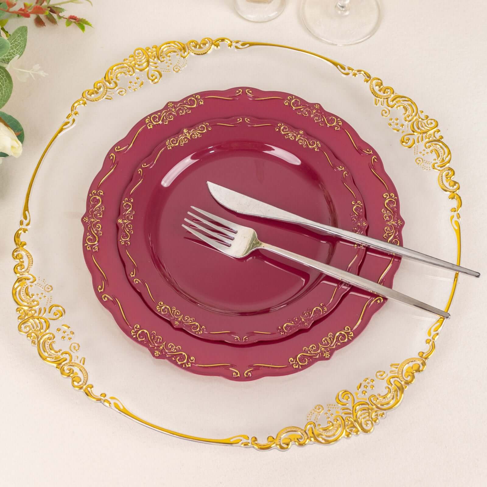 10-Pack Plastic 7 Round Dessert Plates in Burgundy with Gold Vintage Embossed Rim - Sturdy Disposable Scalloped Edge Salad Plates