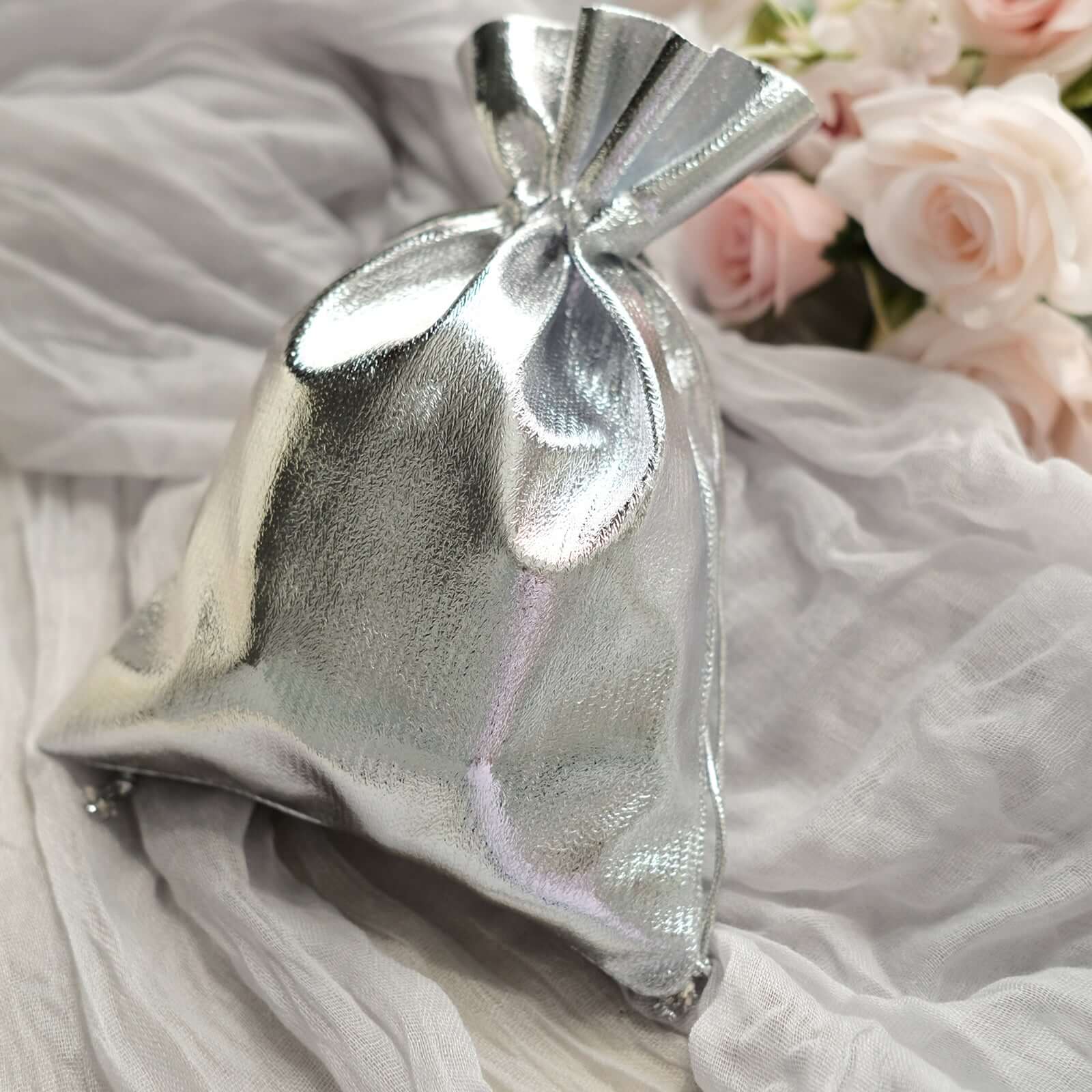 10 Pack Metallic Silver Lame Polyester 5x7 Party Favor Gift Bags, Shiny Fabric Drawstring Candy Pouch