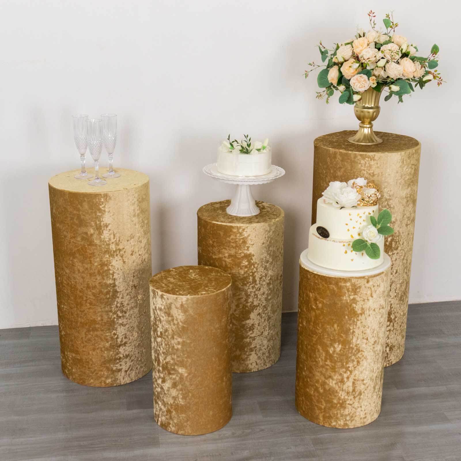 Set of 5 Champagne Crushed Velvet Cylinder Pedestal Stand Covers, Premium Pillar Prop Covers