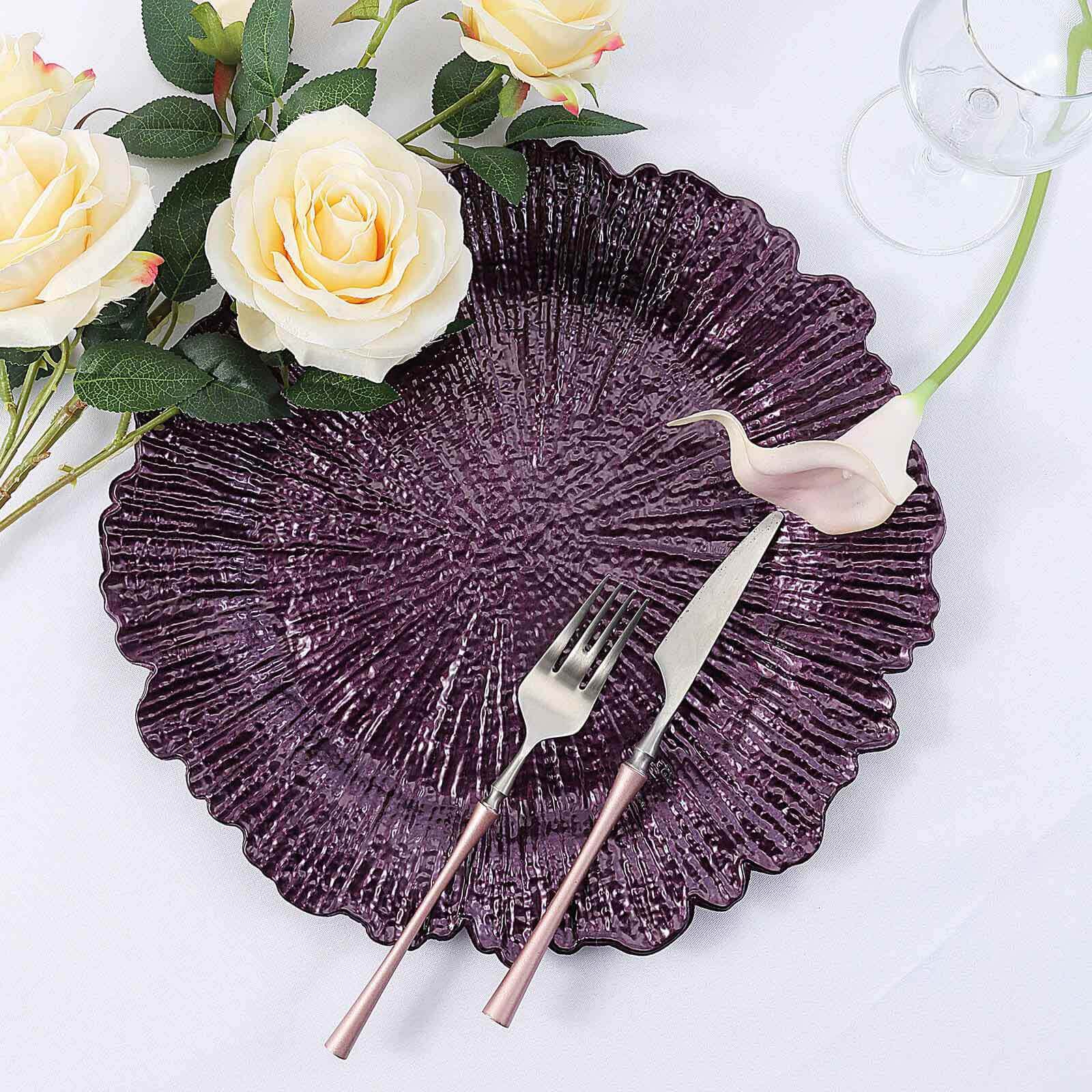 6-Pack Acrylic Plastic Round Charger Plates 13 in Purple with Reef Design, Dinner Charger Tableware