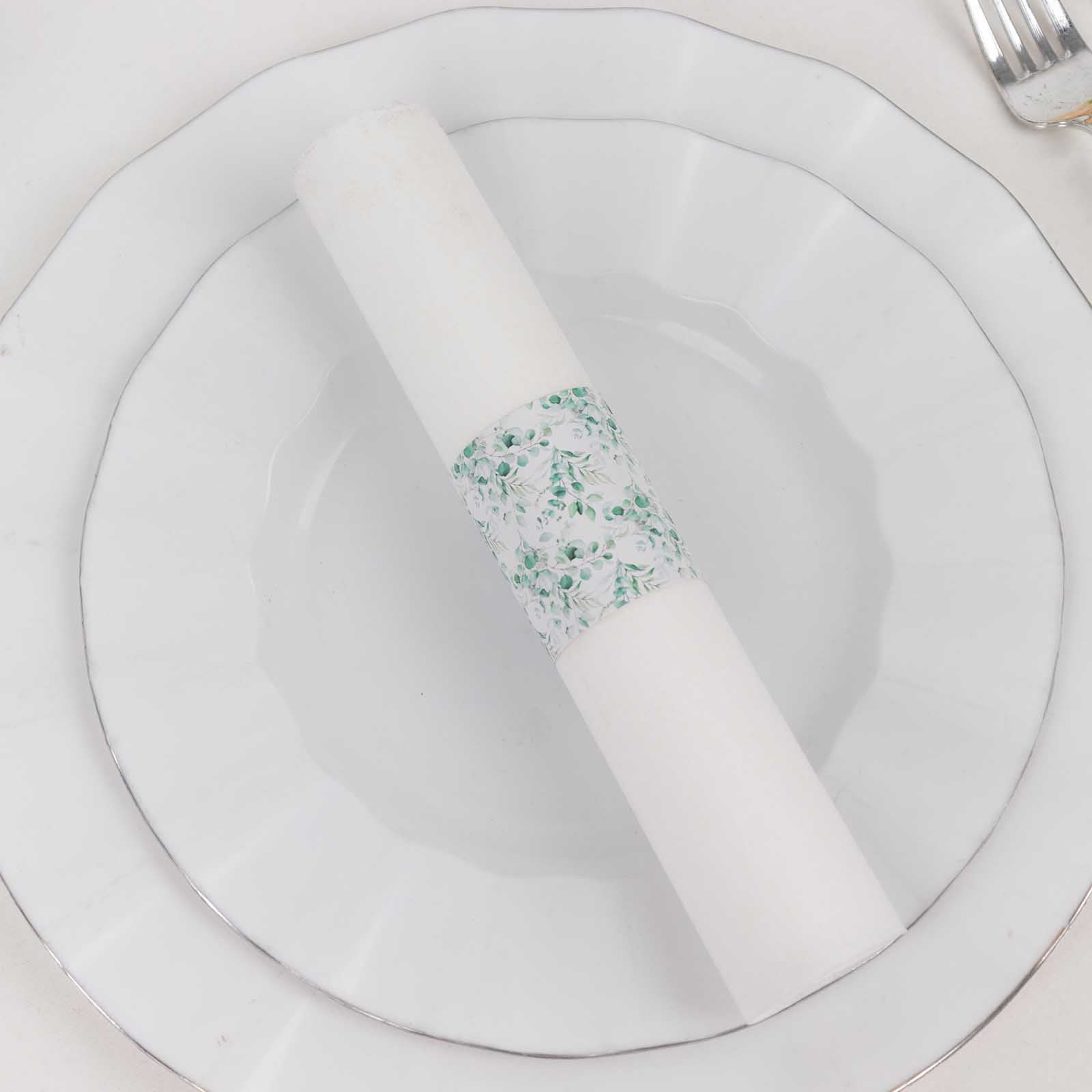 50 Pack White Green Paper Napkin Holder Bands with Eucalyptus Leaves, Disposable Napkin Rings - 1.5