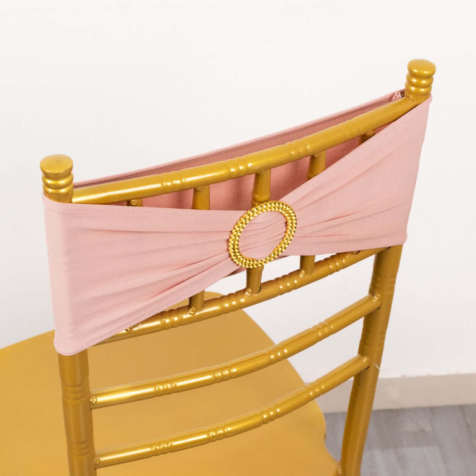 5 Pack Spandex Chair Sashes Dusty Rose with Gold Rhinestone Buckles - Reusable Four-Way Stretch Sash Bands 5x14