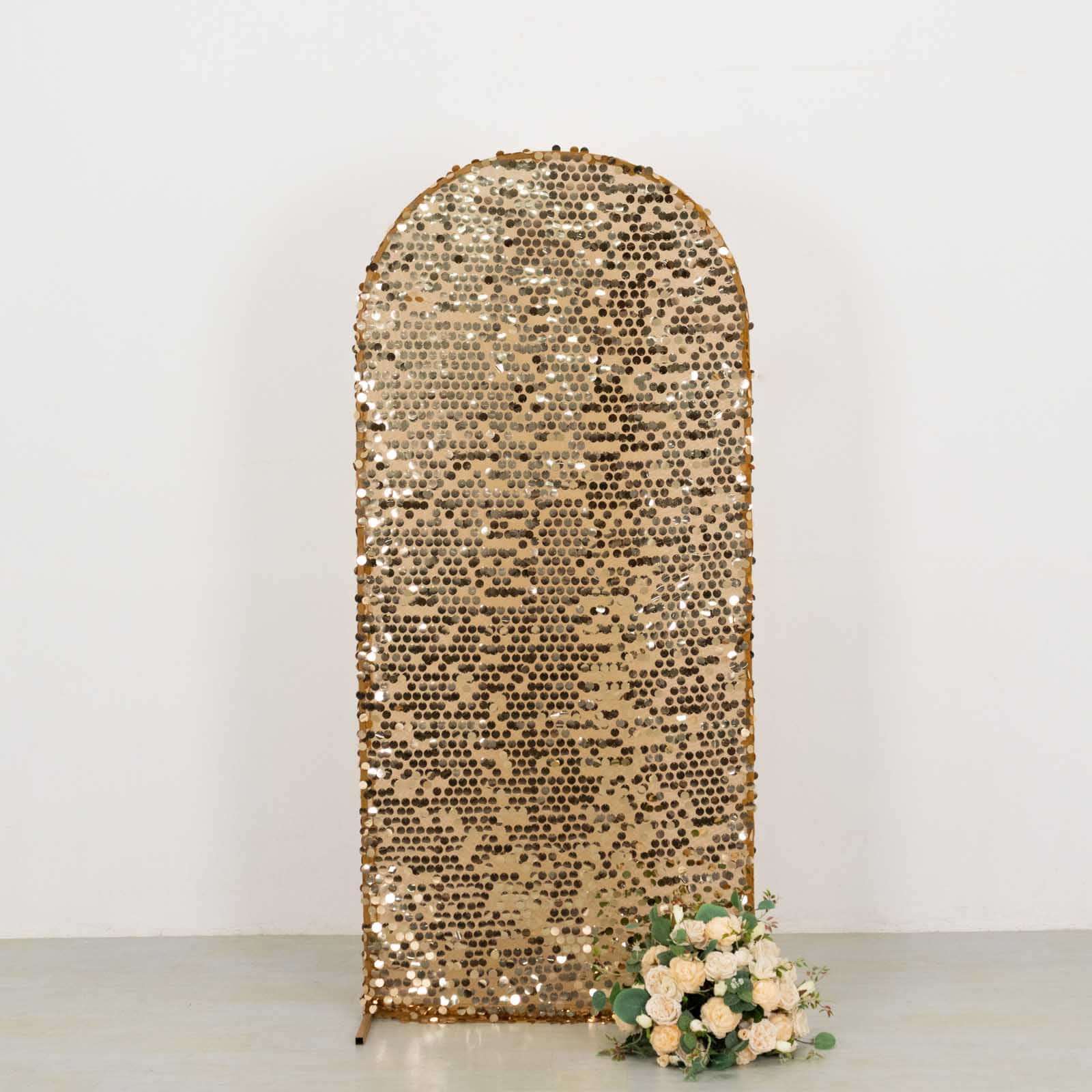 6ft Sparkly Gold Big Payette Sequin Fitted Wedding Arch Cover for Round Top Chiara Backdrop Stand