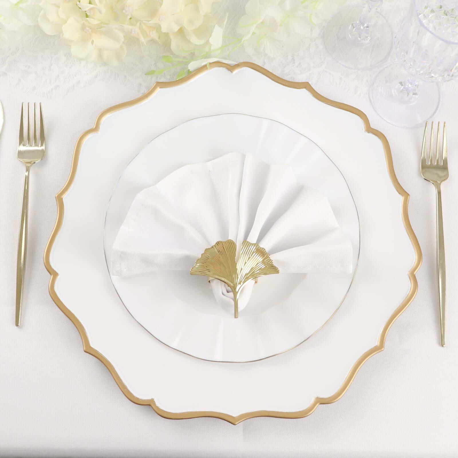 6-Pack Acrylic Round Charger Plates 13 in White with Gold Scalloped Rim, Decorative Dinner Party Plastic Charger Tableware