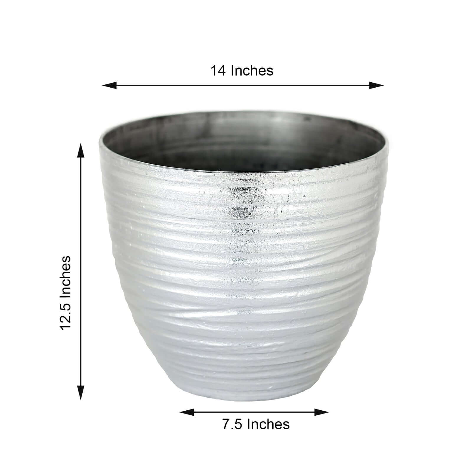 12 Metallic Silver Textured Finish Large Indoor Flower Plant Pot, Decorative Indoor Outdoor Planter