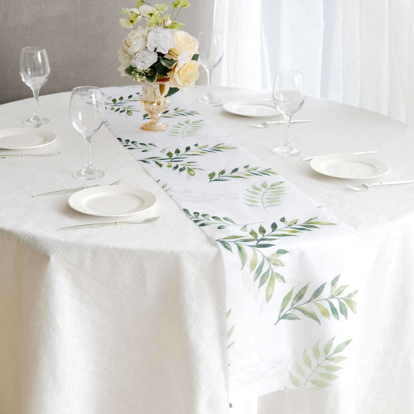 Disposable Table Runner 11x108 White with Green Olive Leaves Print - Non-woven Stylish Spring Summer Dining Decor