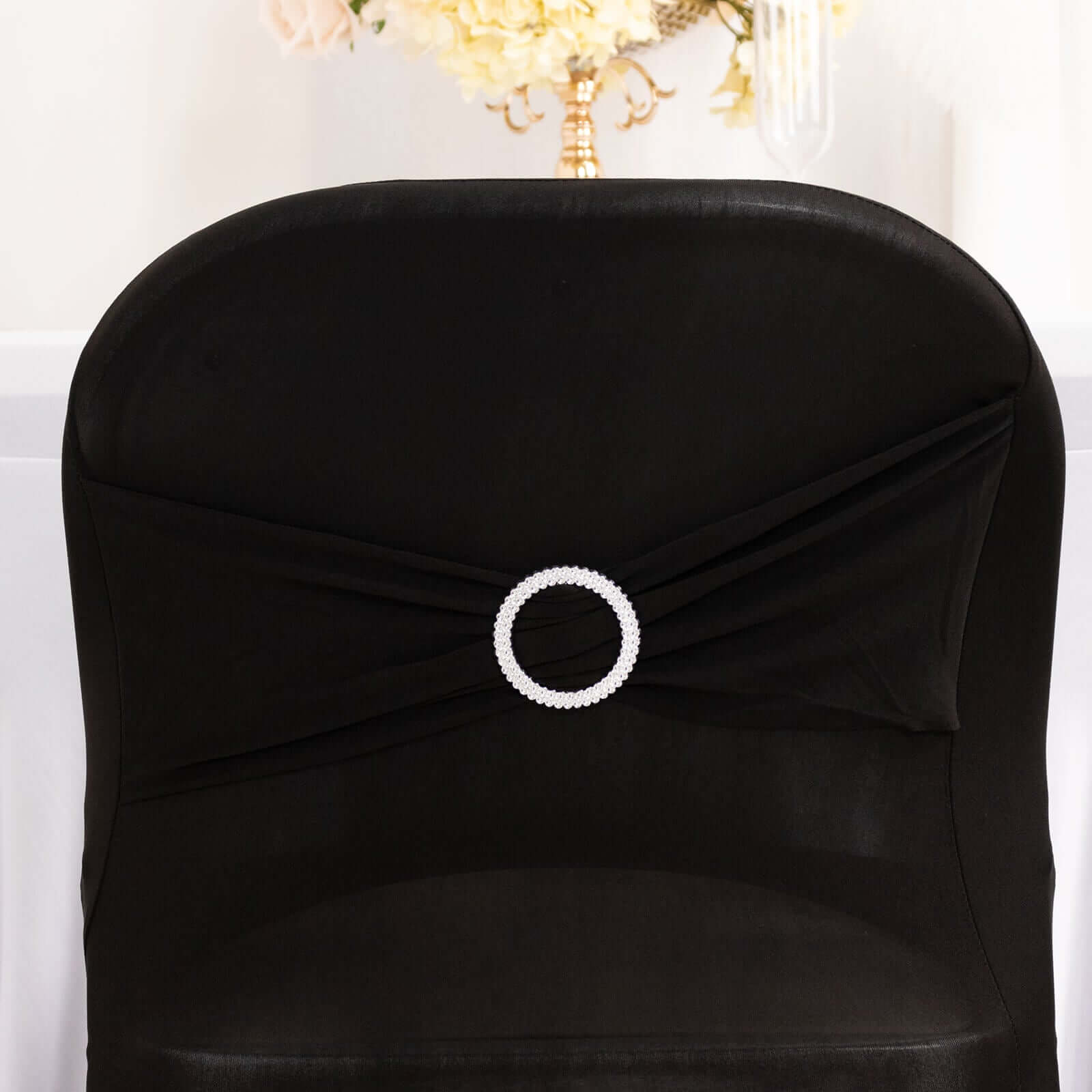 Stretch Spandex Chair Cover Black for Folding Chairs - Enhanced Style & Secure Fit Slipcover with Stunning Silver Rhinestone Buckled Sash Band