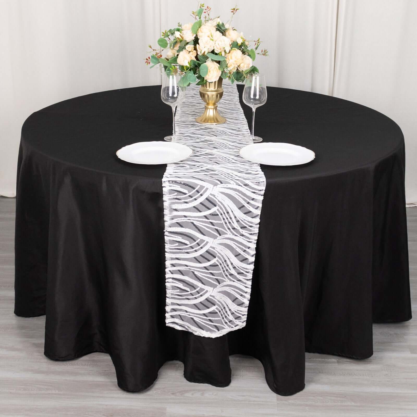 Sequin Mesh 12x108 Table Runner White Black Stylish Wave Embroidery