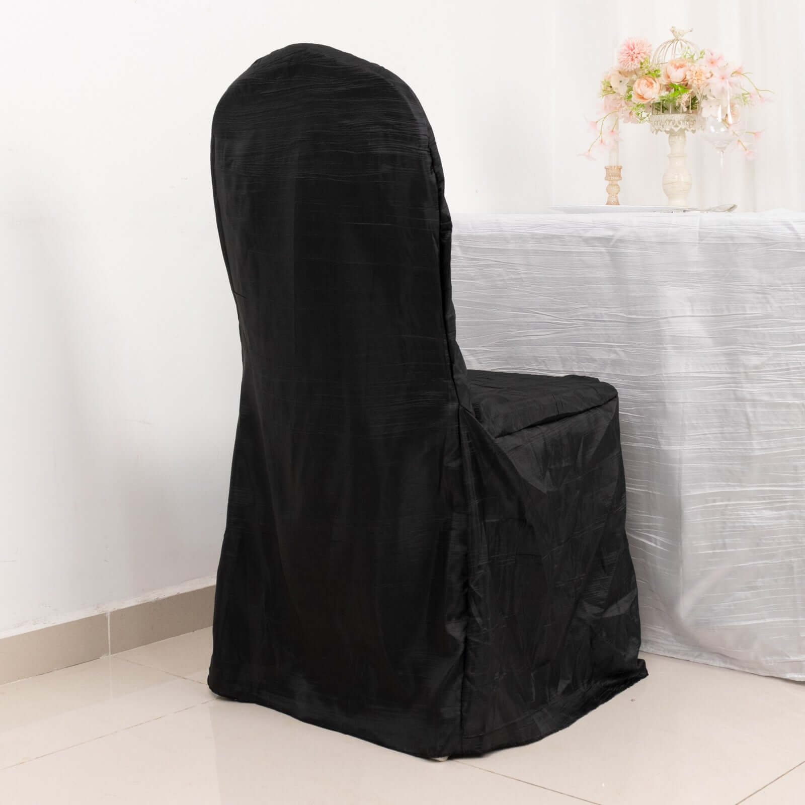 Crinkle Crushed Taffeta Chair Cover for Banquet Chairs Black - Reusable Slipcover