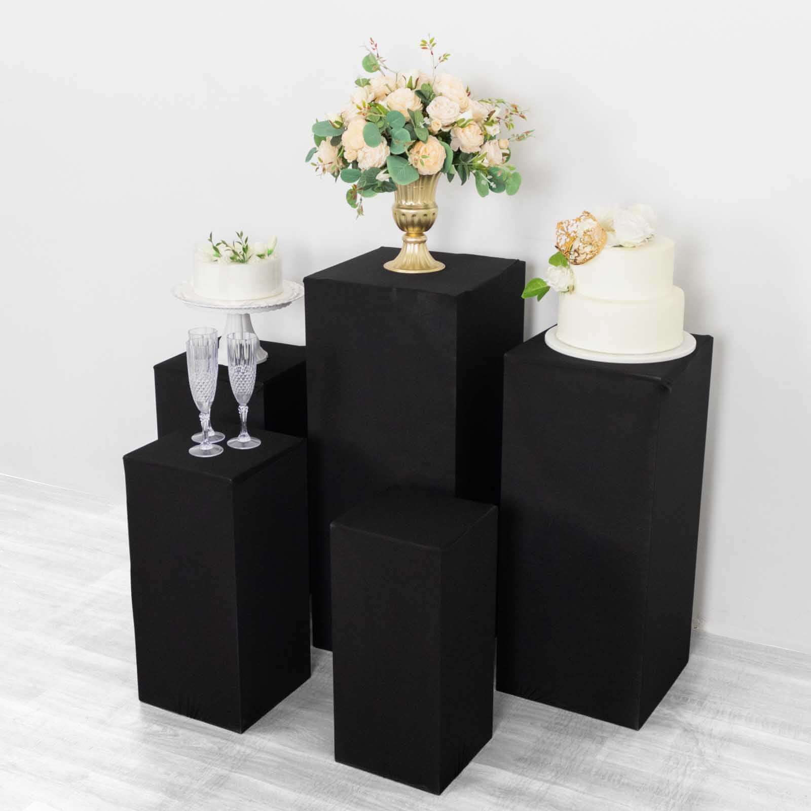 Set of 5 Black Spandex Rectangle Pedestal Stand Covers, Stretchable Pillar Prop Covers - 160 GSM