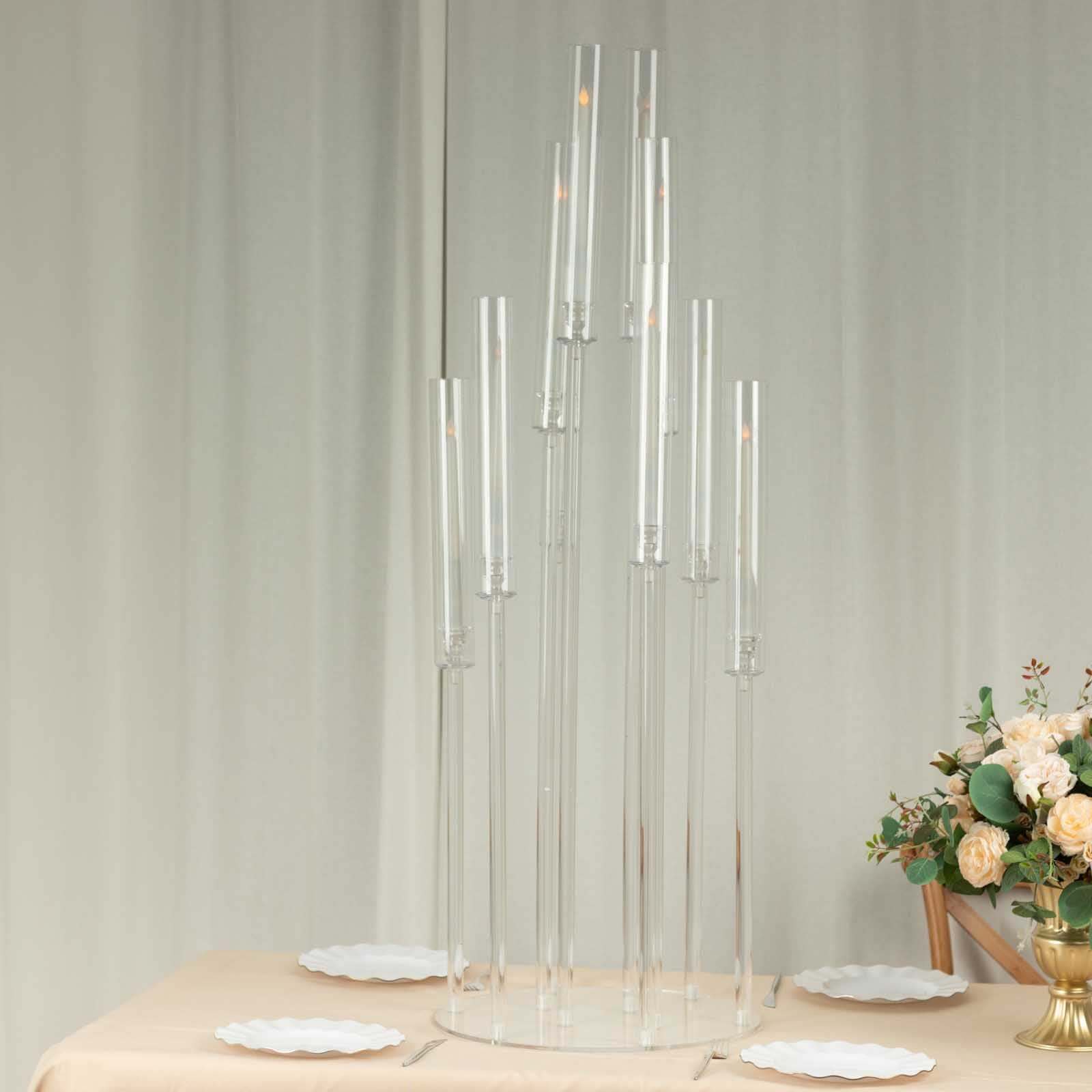 10-Arm Round Cluster Acrylic Candelabra Clear with Circular Base - Stylish Taper Candle Holder Table Centerpiece for Pillar Candles 47