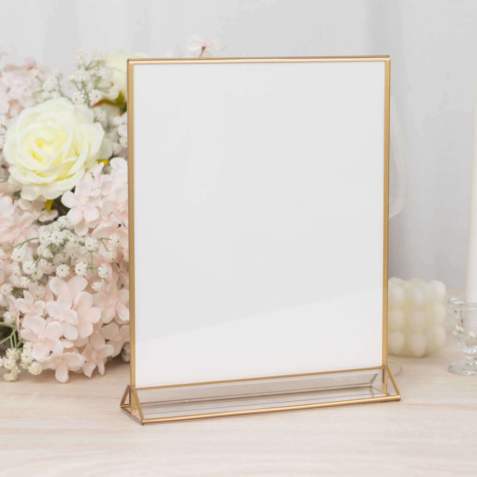 6-Pack Gold Acrylic Rectangular Frame Sign Holders Clear Double-Sided Display with White Cardboard - Suitable for Banquets 9x11