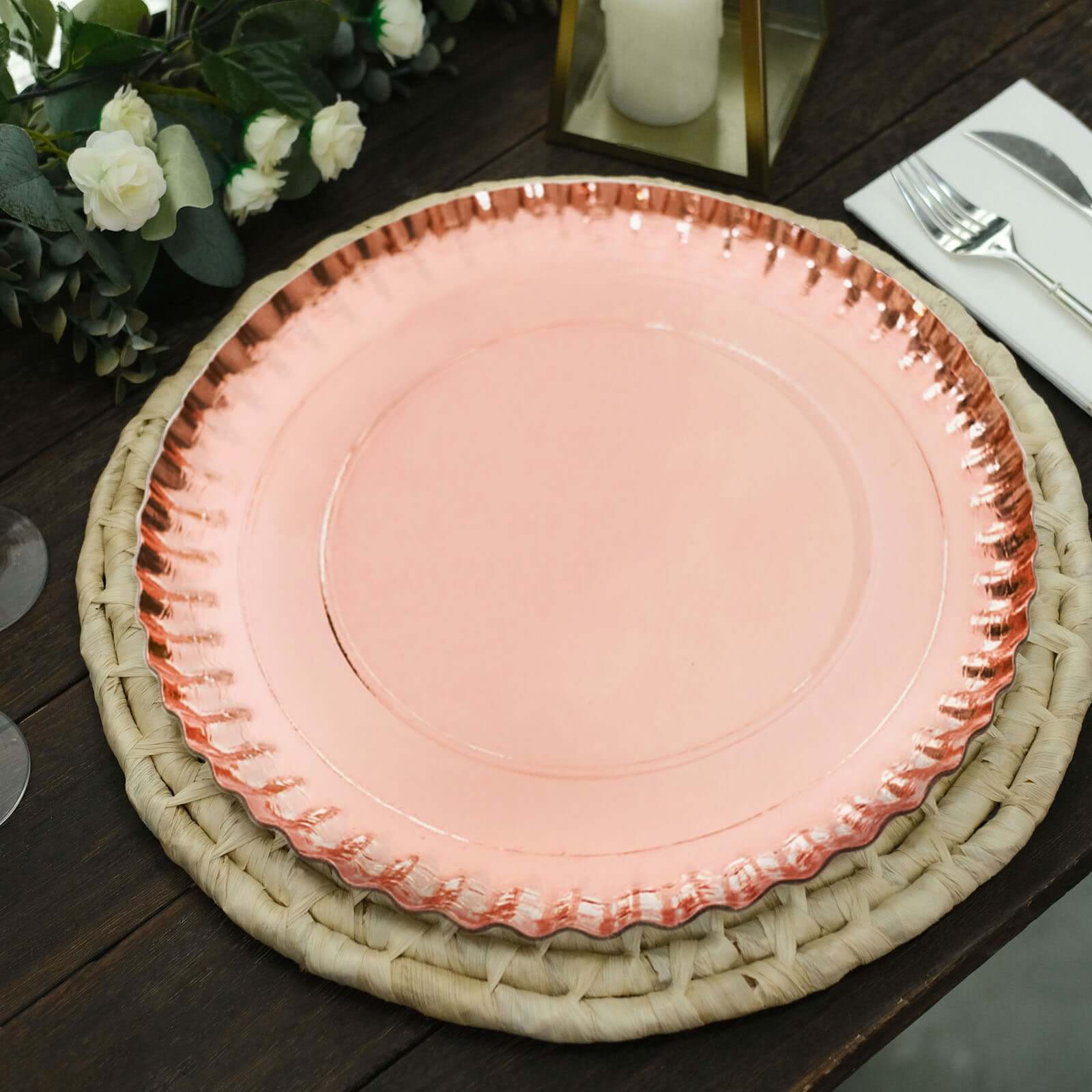 10-Pack Paper 13 Round Charger Plates in Rose Gold with Scalloped Rims - Heavy Duty Disposable 1100GSM Serving Trays