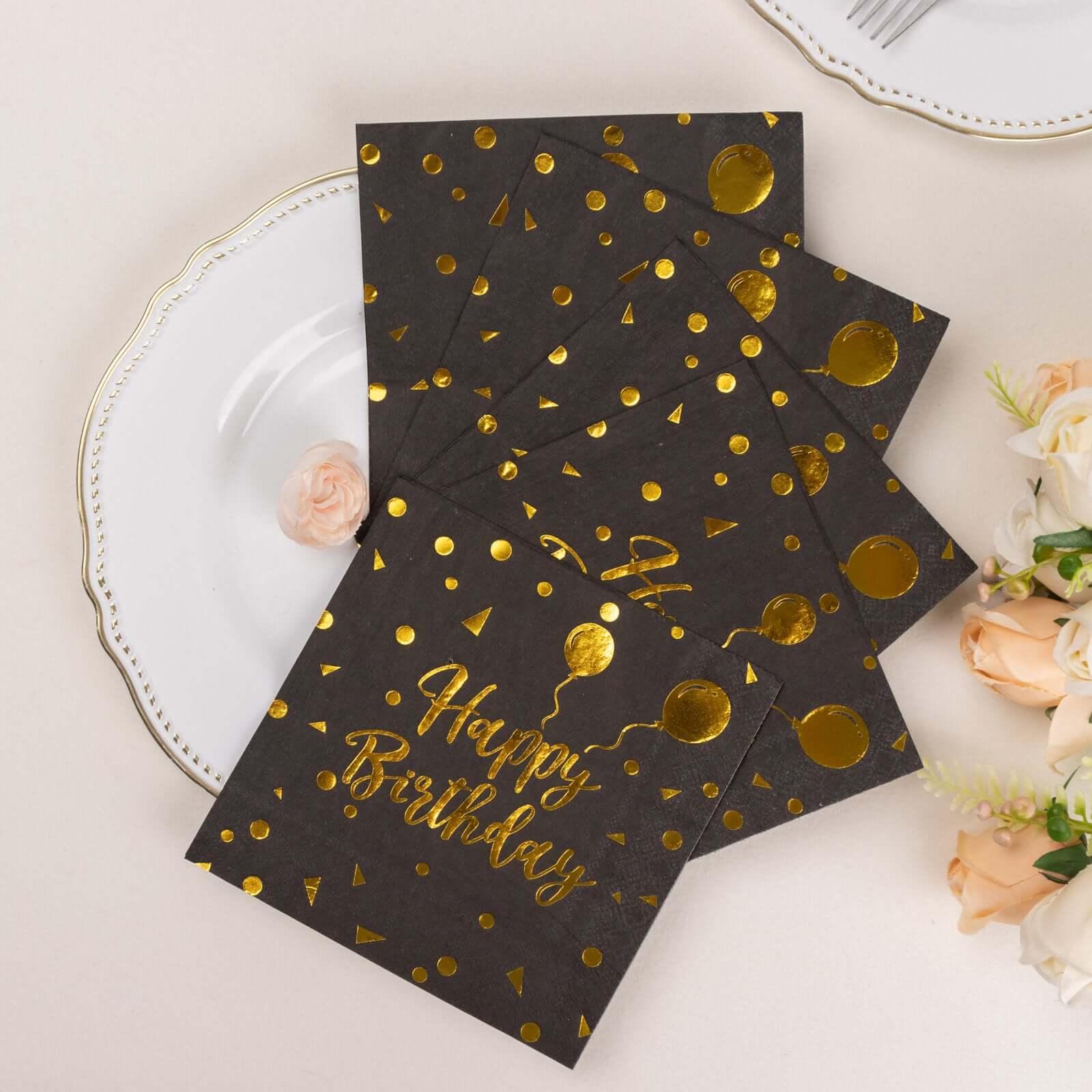 20-Pack Paper Beverage Napkins with Happy Birthday Foil Print Black/Gold - 2 Ply Disposable 18GSM Soft Party Napkins 6.5x6.5