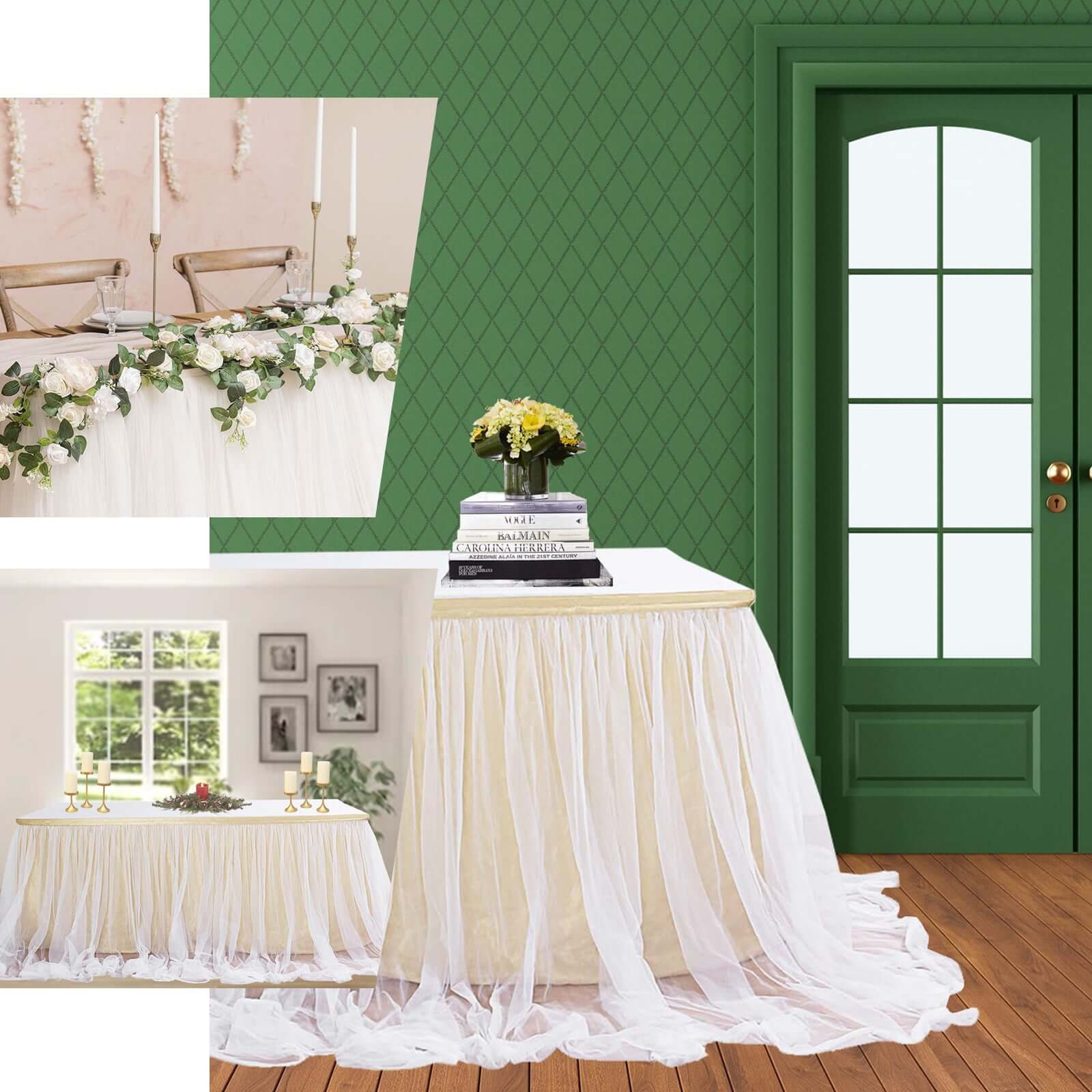 Extra Long Tulle 14ft Table Skirt White with Satin Edge - Table Cover for Baby Showers & Events