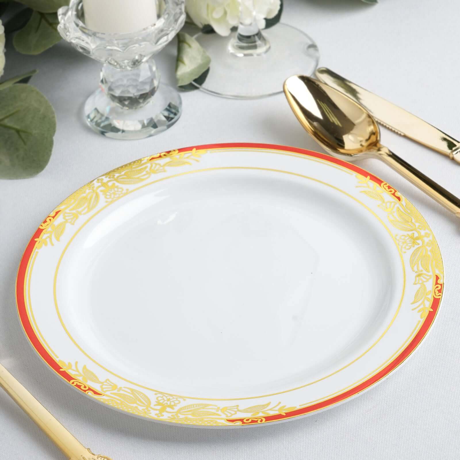 10-Pack Plastic 8 Round Dessert Plates in White with Red Rim - Stylish Gold Vine Design Disposable Salad/Appetizer Plates for Special Occasions & Celebrations