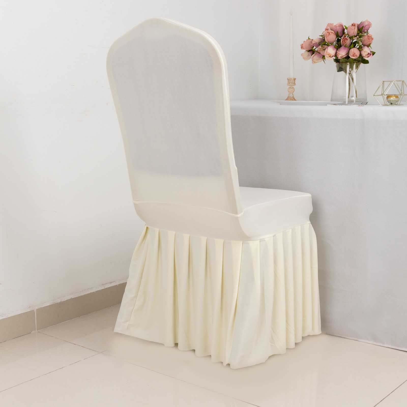 Spandex Chair Cover with Ruffle Pleated Skirt for Banquet Chairs Ivory - 1-Piece Stretch Fitted Slipcover