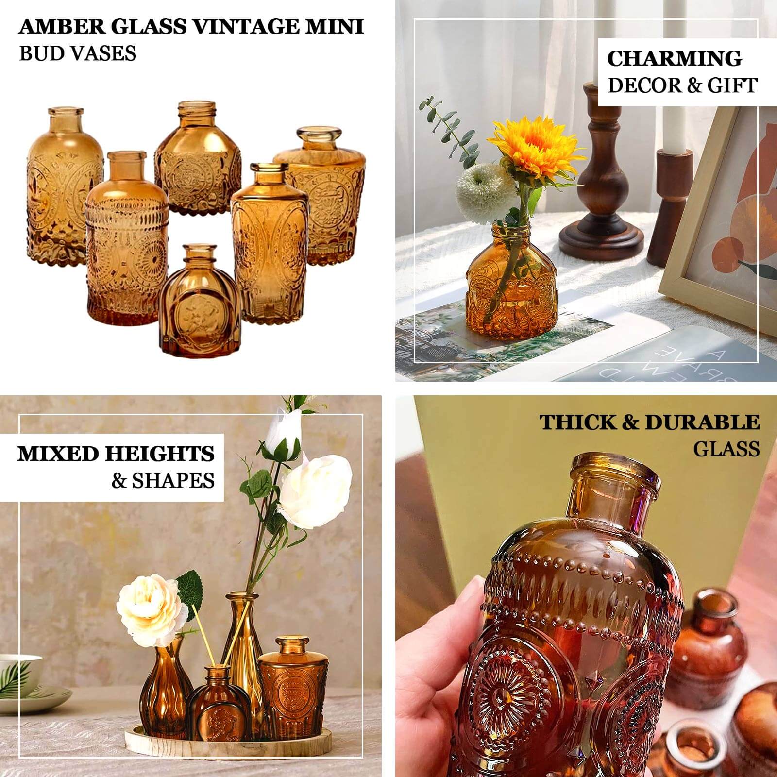 Set of 6 Embossed Glass Bud Vases Vintage Amber Gold - Apothecary Style Decorative Table Centerpieces