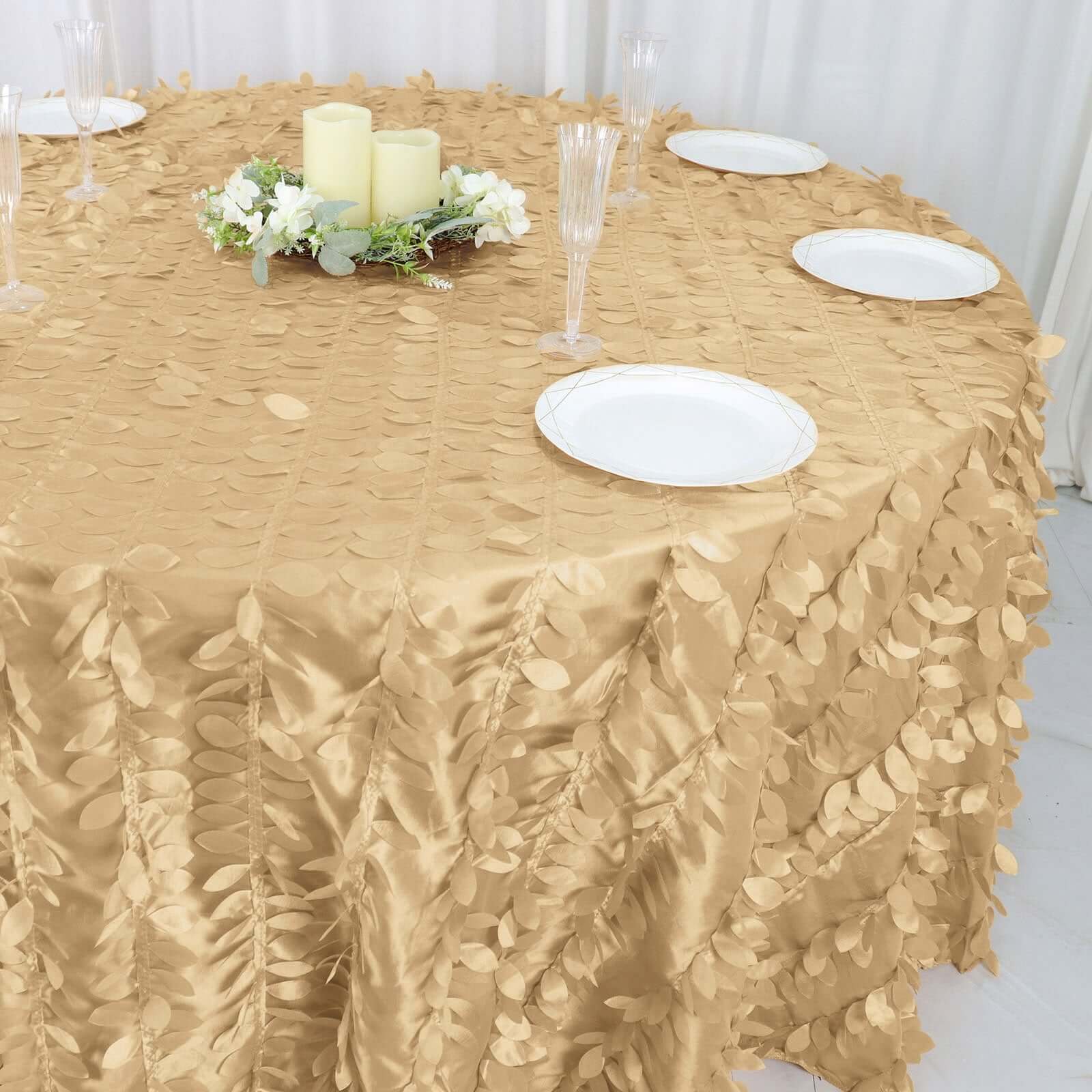 Taffeta 132 Round Tablecloth Champagne Leaf | 3D Leaf Petal Design Seamless Table Cover